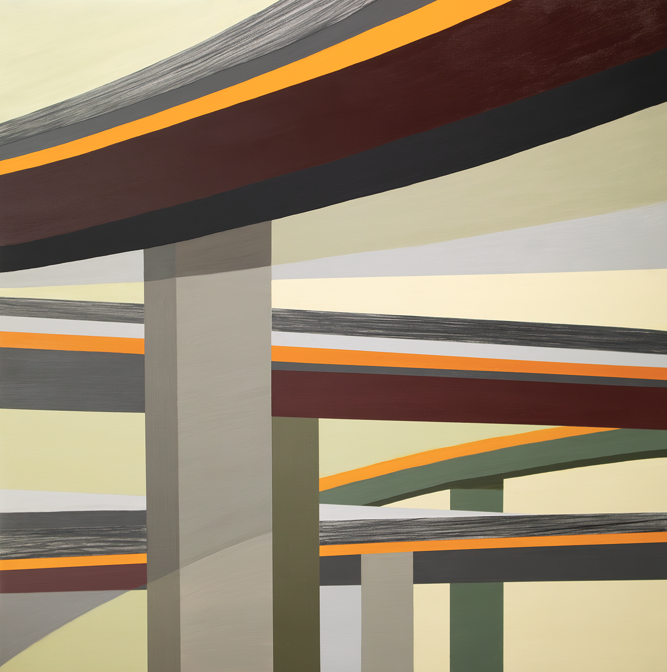   Freeway Curves (Houston) , 2026. Acrylic paint, graphite &amp; paper on panel. 36 x 36 inches. 