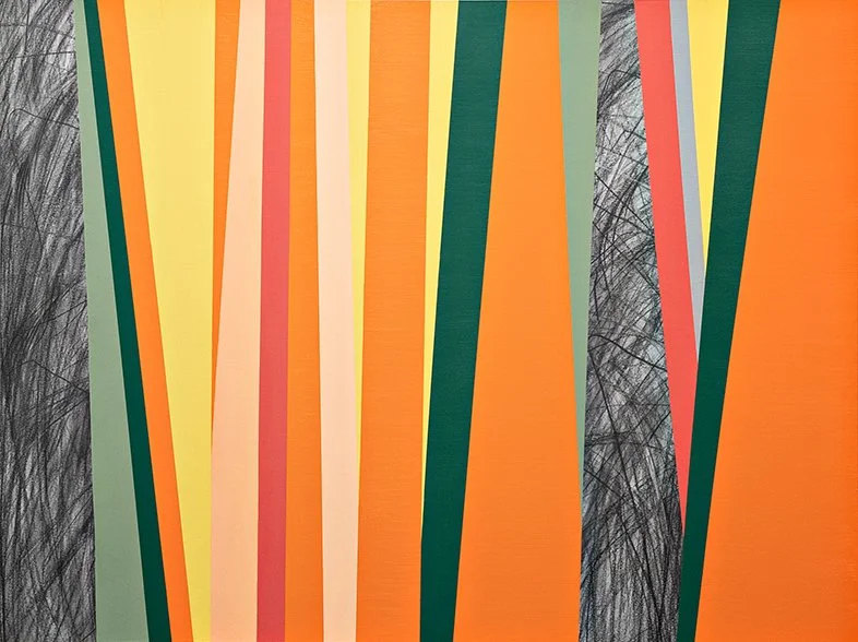   April Flowers . 2025. Acrylic paint, graphite &amp; paper on panel. 30 x 40 inches. 