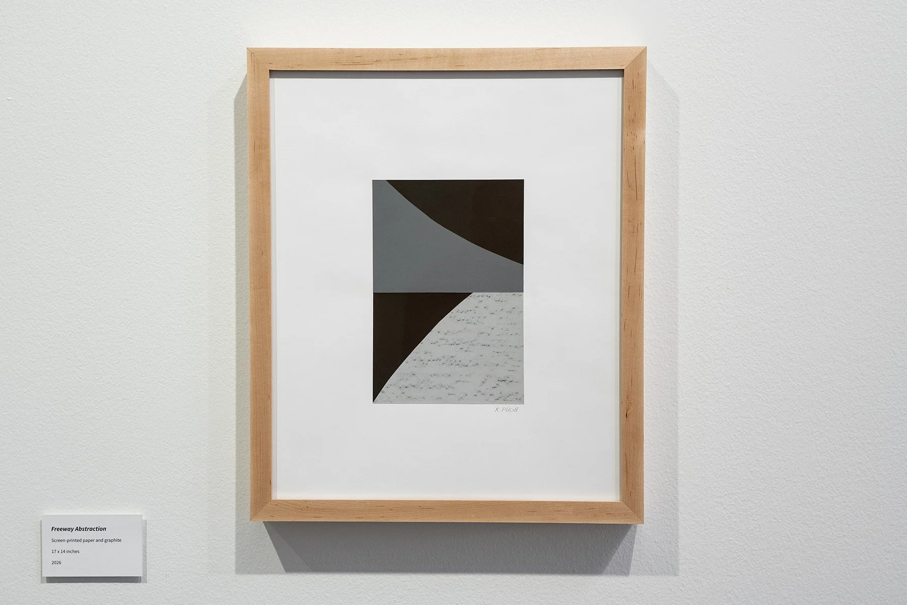   Freeway Abstraction . 2026. Screen-printed paper and graphite rubbing of ashpalt. 17 x 14 inches. 