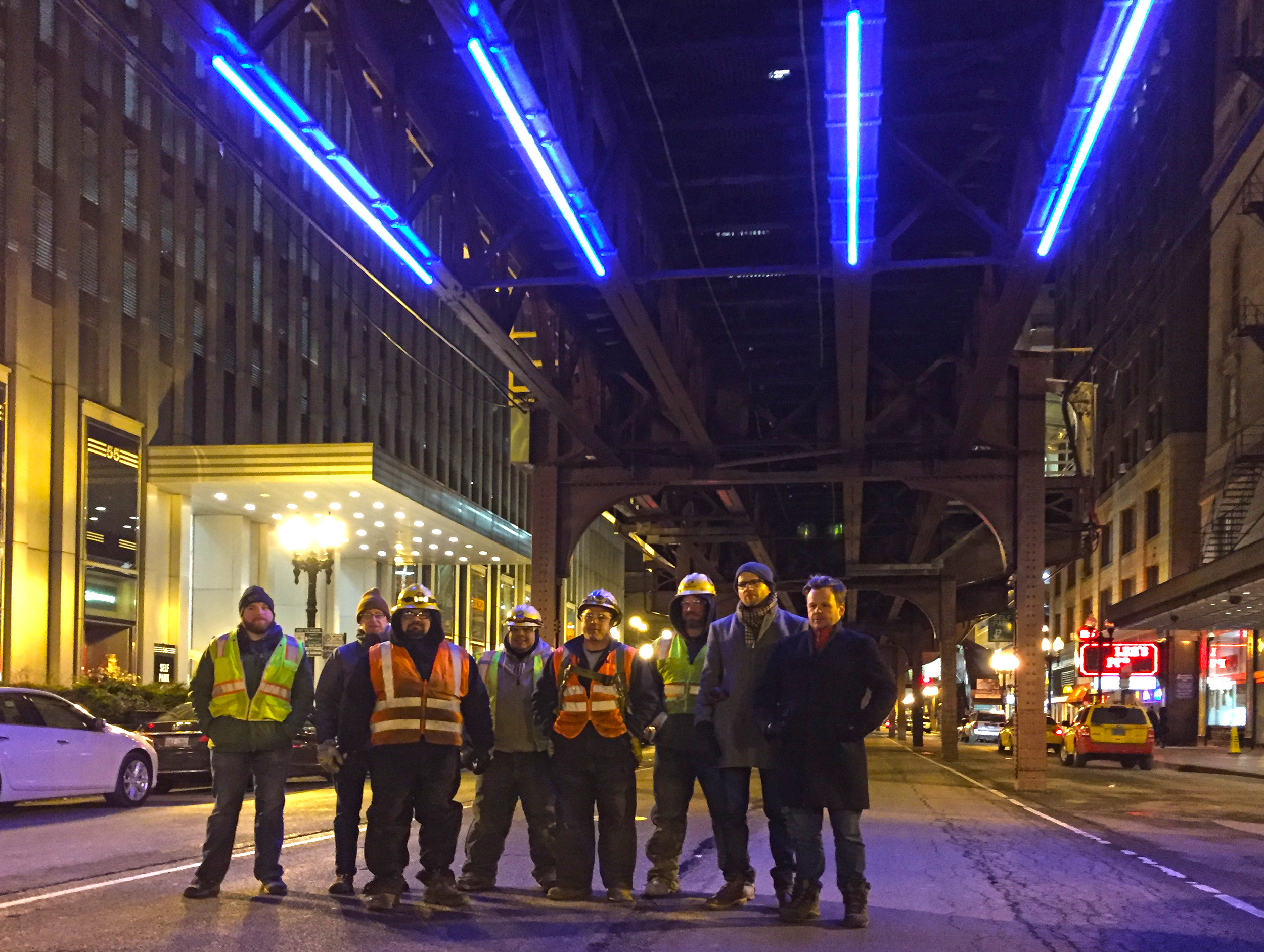 Seth and Jack with members of the install team from Aldridge Electric, Intelligent Lighting Creations, and CDOT.