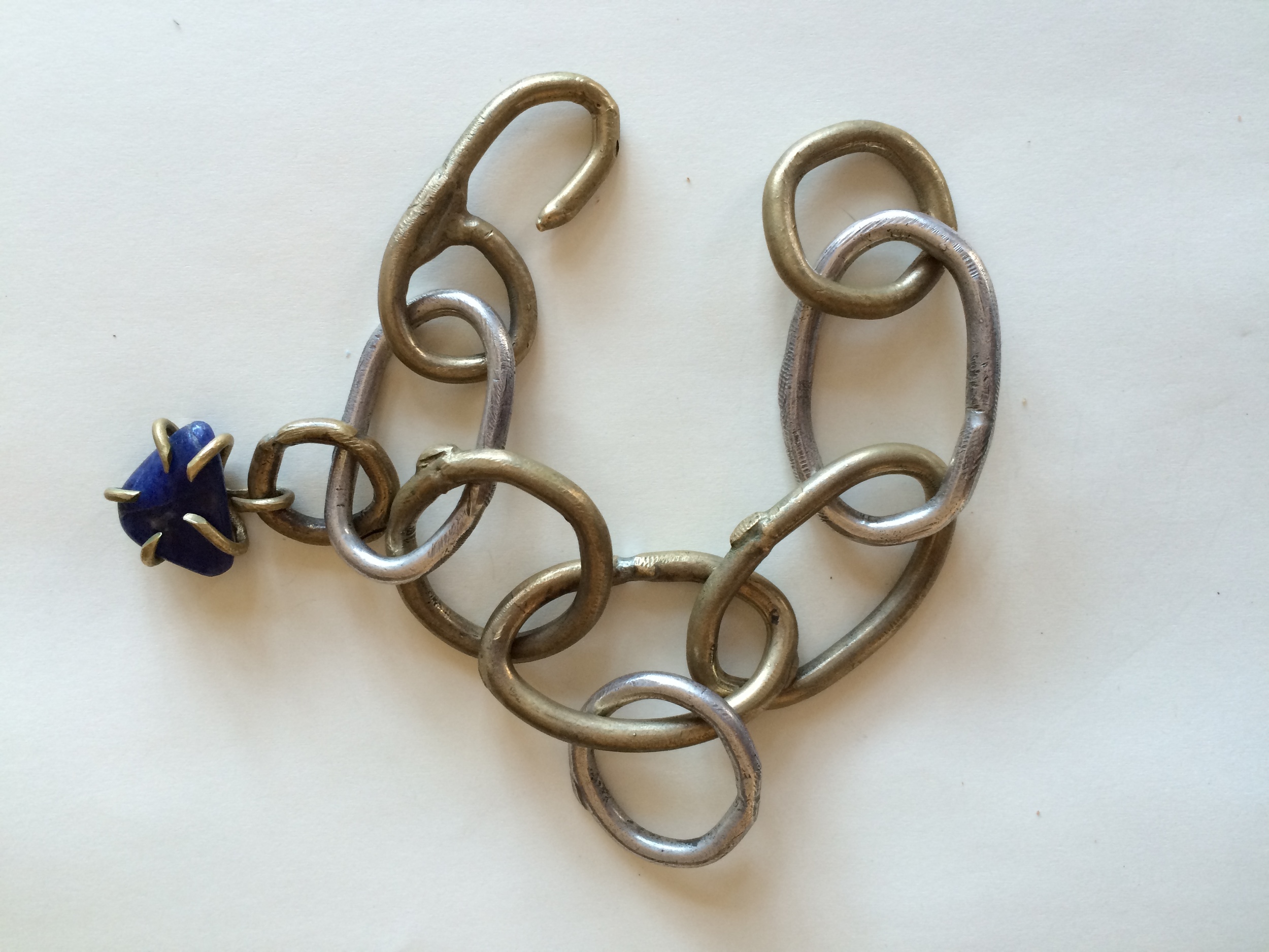 Chain Link Bracelet with Lapis in darkened Brass and Sterling Silver .JPG