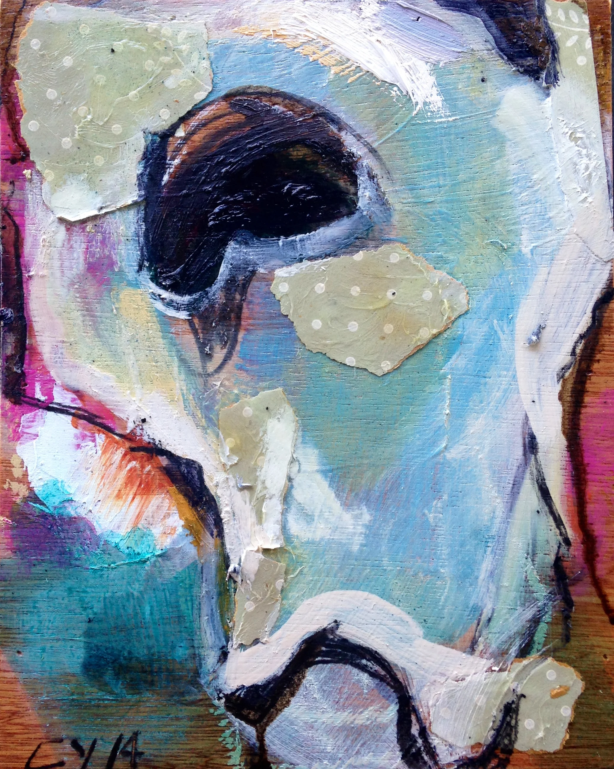 "Oyster on Wood Panel with Wallpaper II"