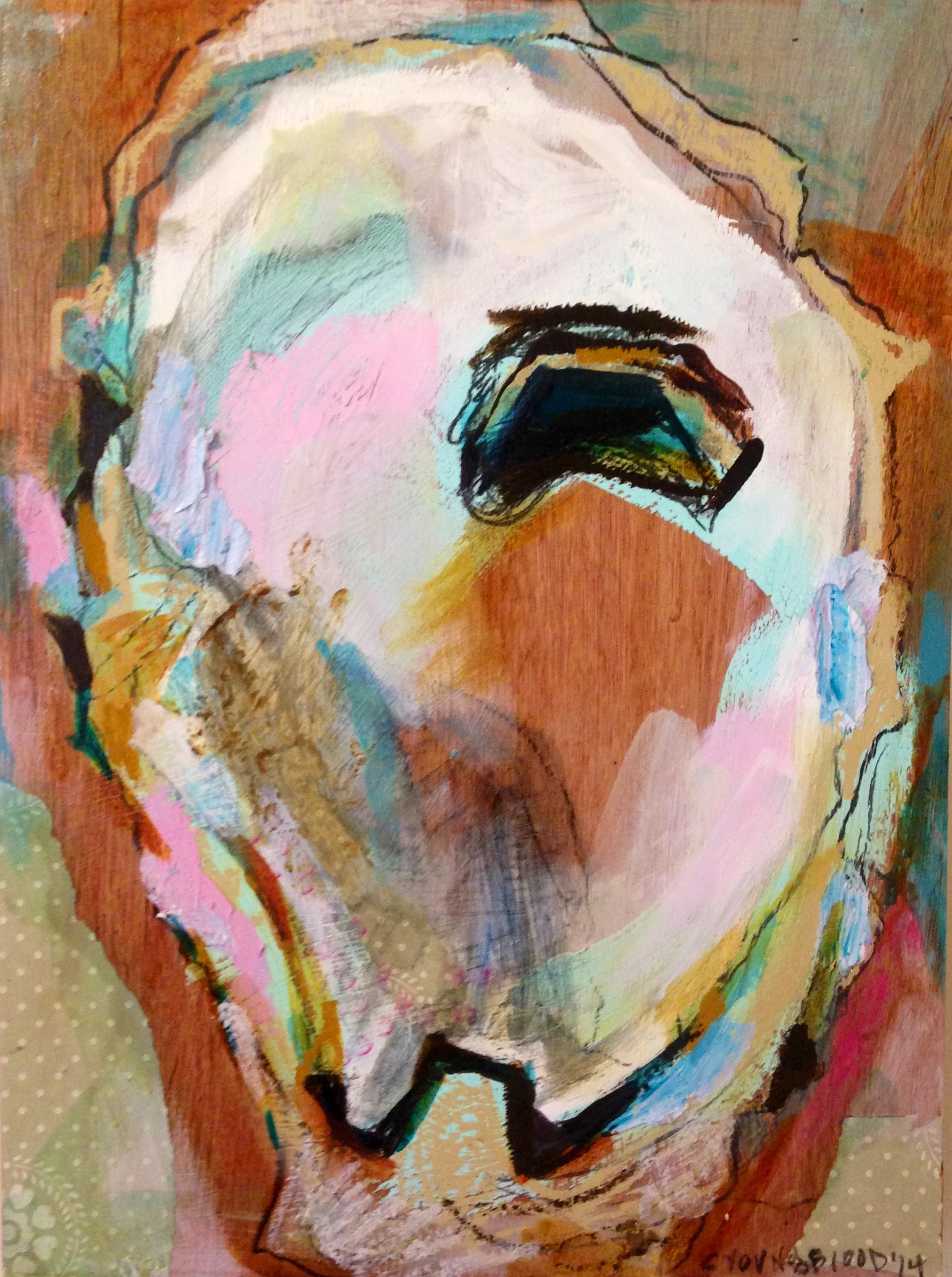 "Oyster on Wood Panel with Wall Paper" (18 x 24")