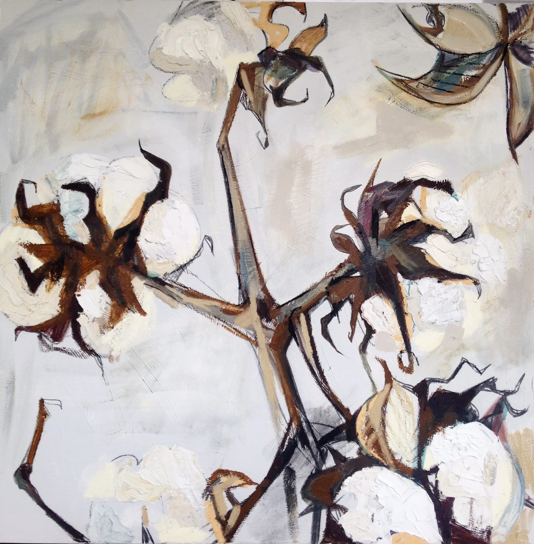 "Medium Square Neutral Cotton Stalks I"