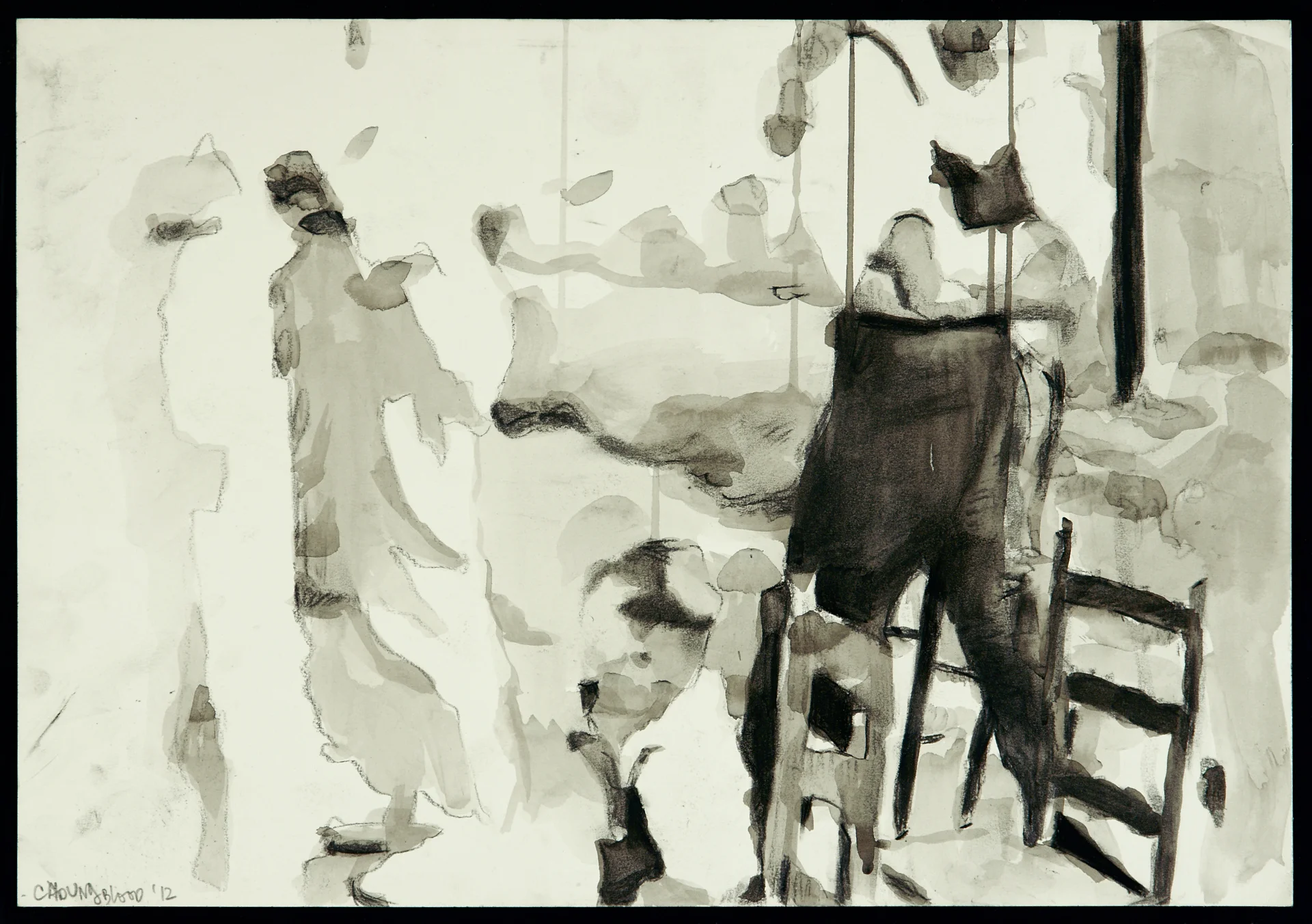 "Study for Men and Boy in Overalls with cane Chairs"