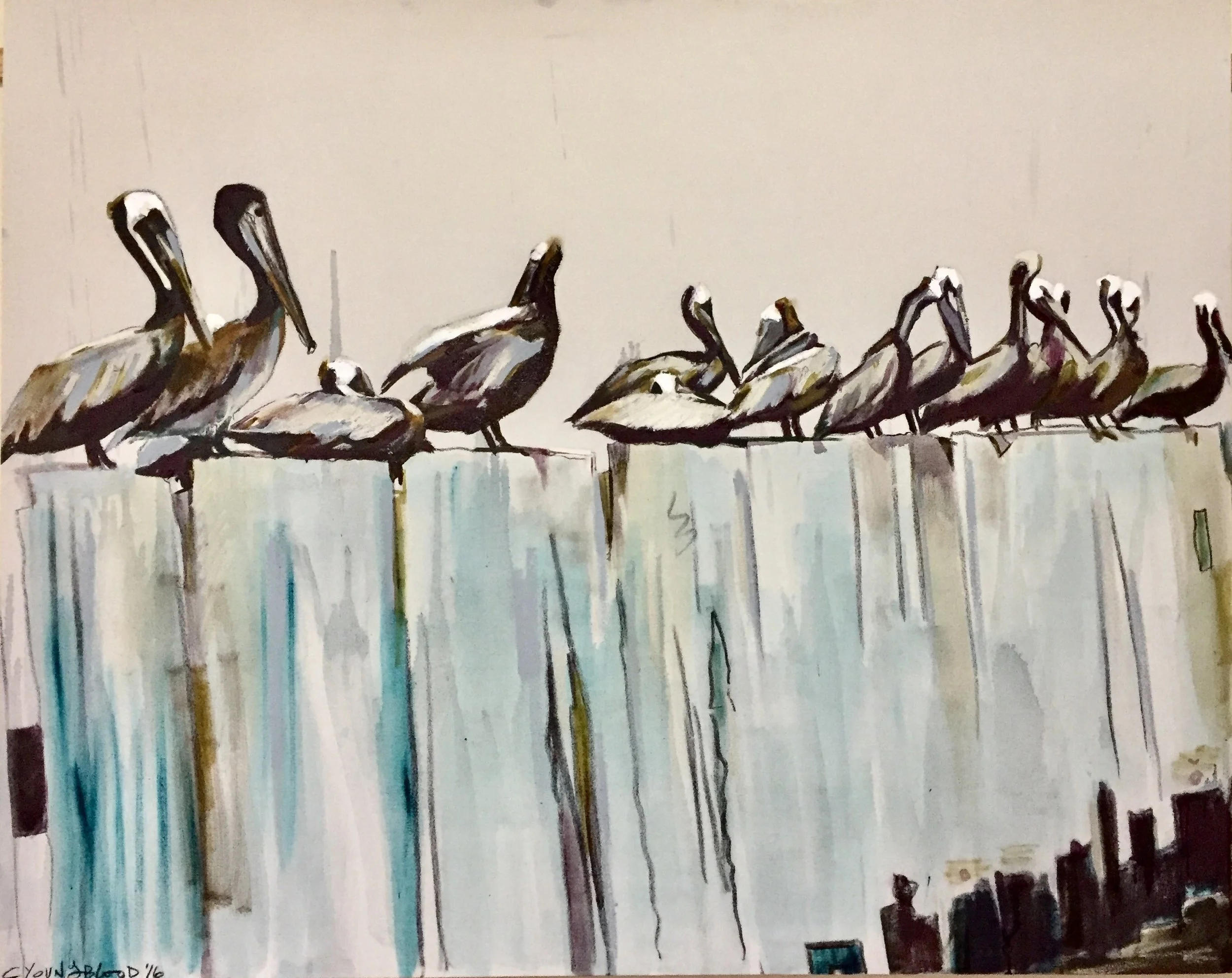 "Large Louisiana Pelicans (on the Pier) I"