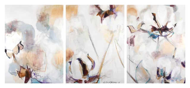 "Louisiana Cotton Triptych with Purple"