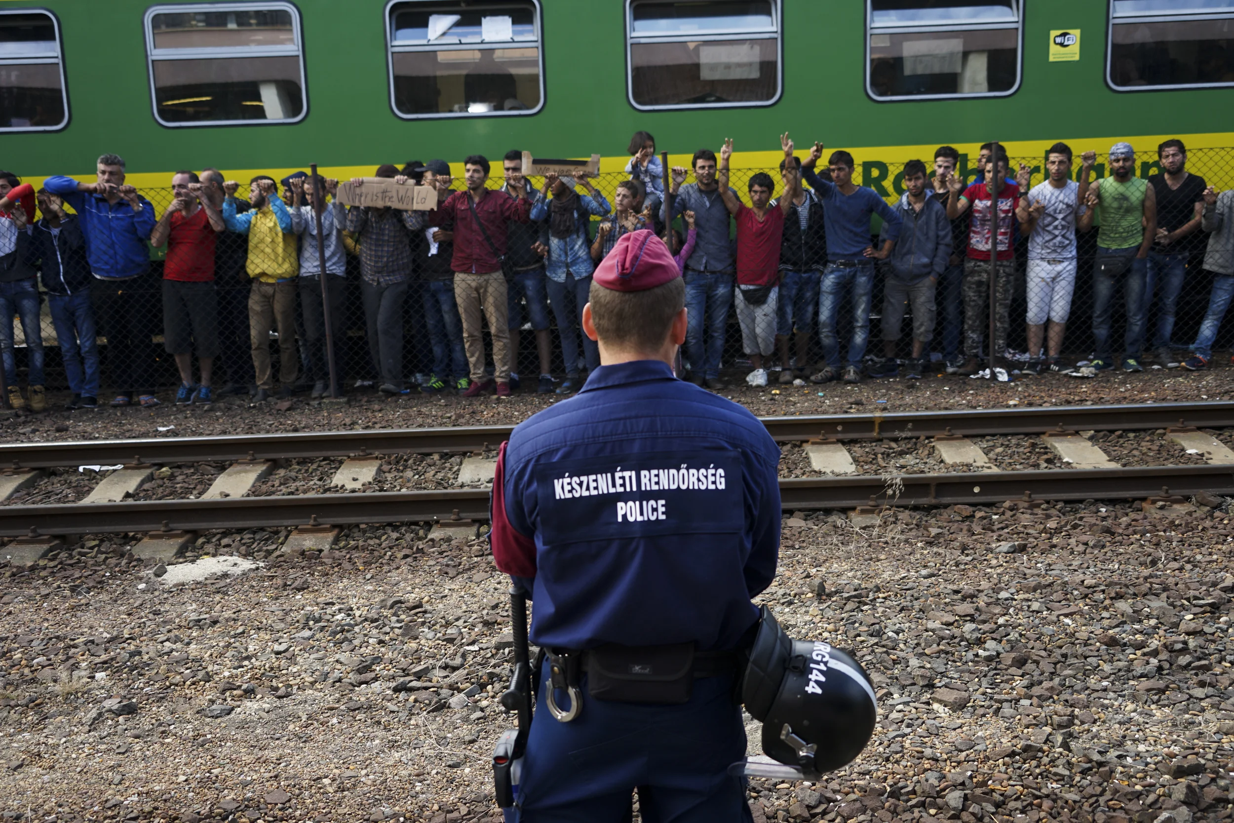 Syrian refugees strike at the platform of Budapest Keleti railway station, 4 September 2015. Photo: Mstyslav Chernov, uploaded to Wikipedia 4 September 2015.