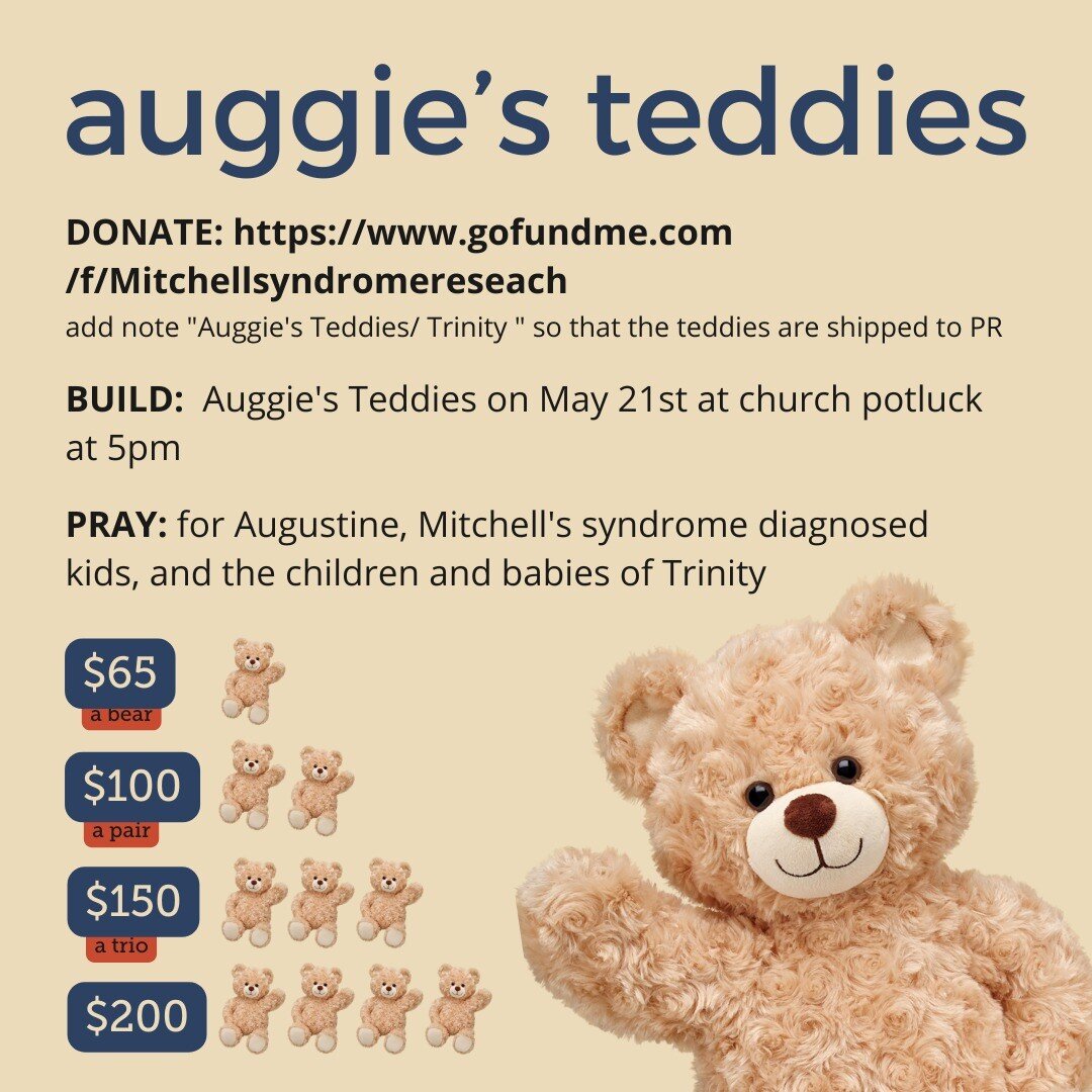 We are committed to the Morar family and their fundraising efforts for baby Auggie and Mitchell&rsquo;s Syndrome research. Donate today and join us on May 21st at 5pm for a potluck and teddy bear workshop! 

https://www.gofundme.com/f/Mitchellsyndrom