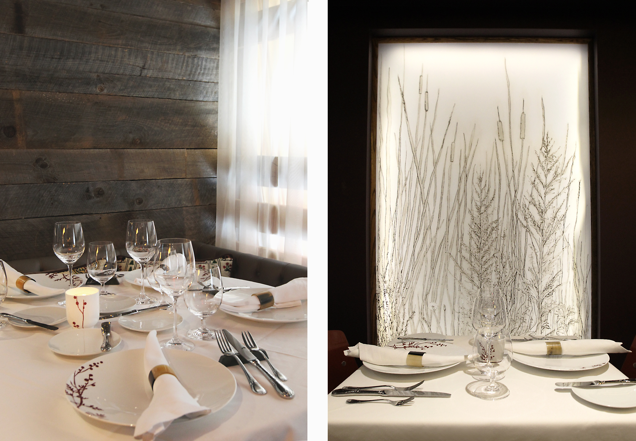 The rear dining room was refreshed with a darker palette, contrasting with the new 'art-windows': Amalgam custom designed panel of three back-lit botanical illustrations.