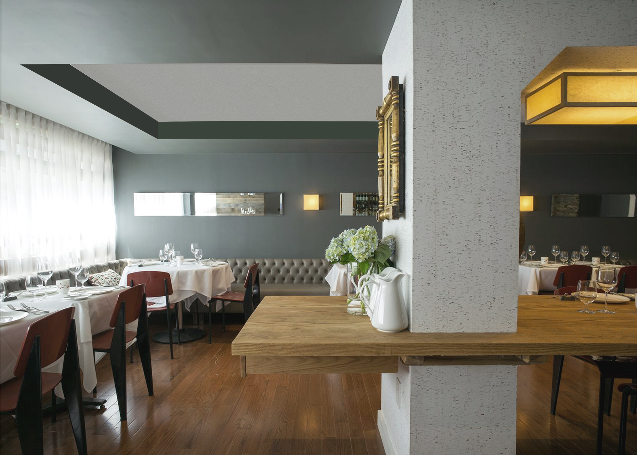 The main dining space was refreshed with a central floating oak farm table, cork wall/ceiling linings and carefully located lighting, mirrors and artwork for an elevated fine dining experience.