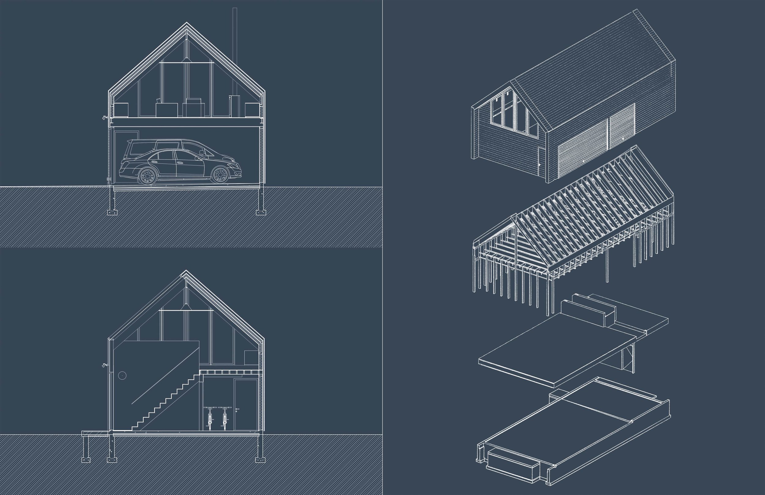 Carriage House Sections and Exploded Axo