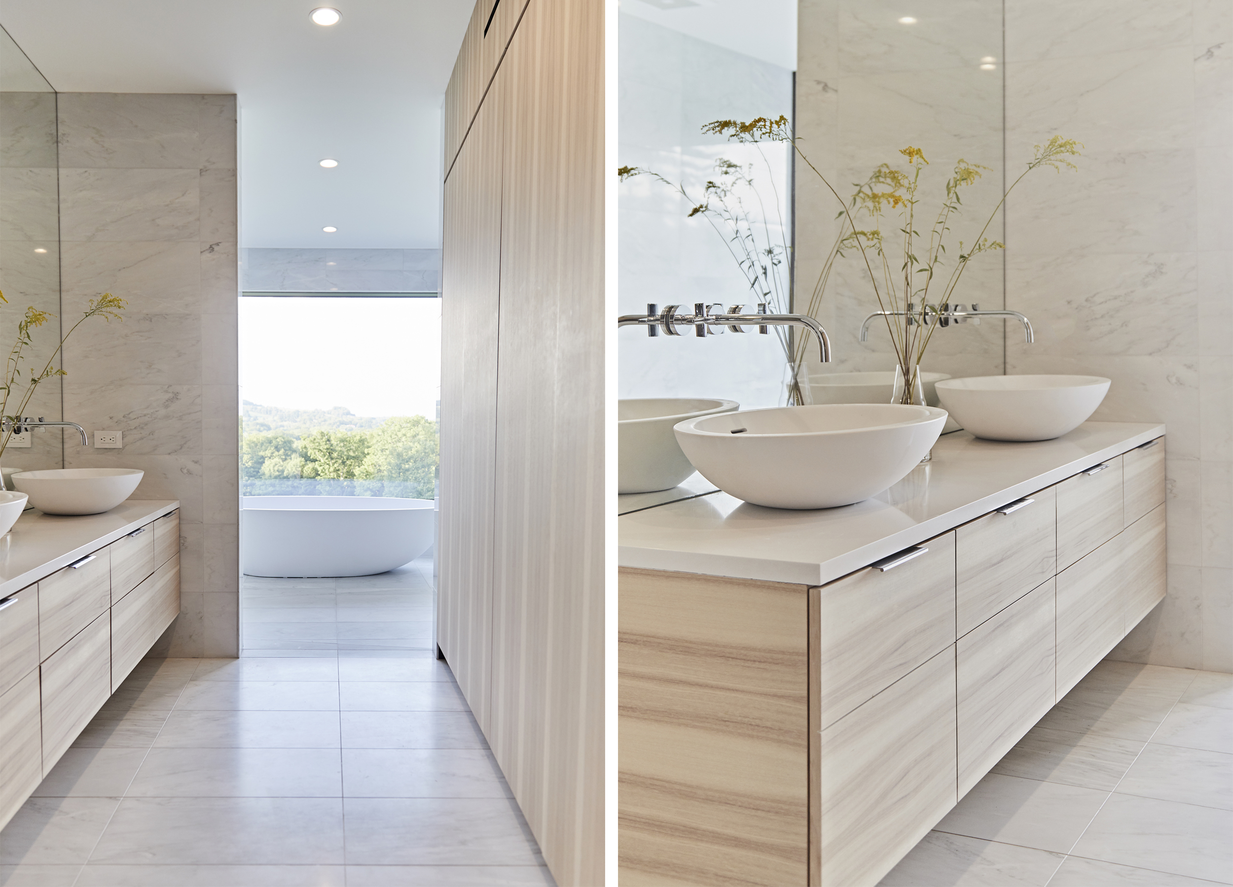 Local materials were selected throughout the house interior, here in the master ensuite pecan/hickory was chosen for the vanity and domestically quarried white marble for floors and walls