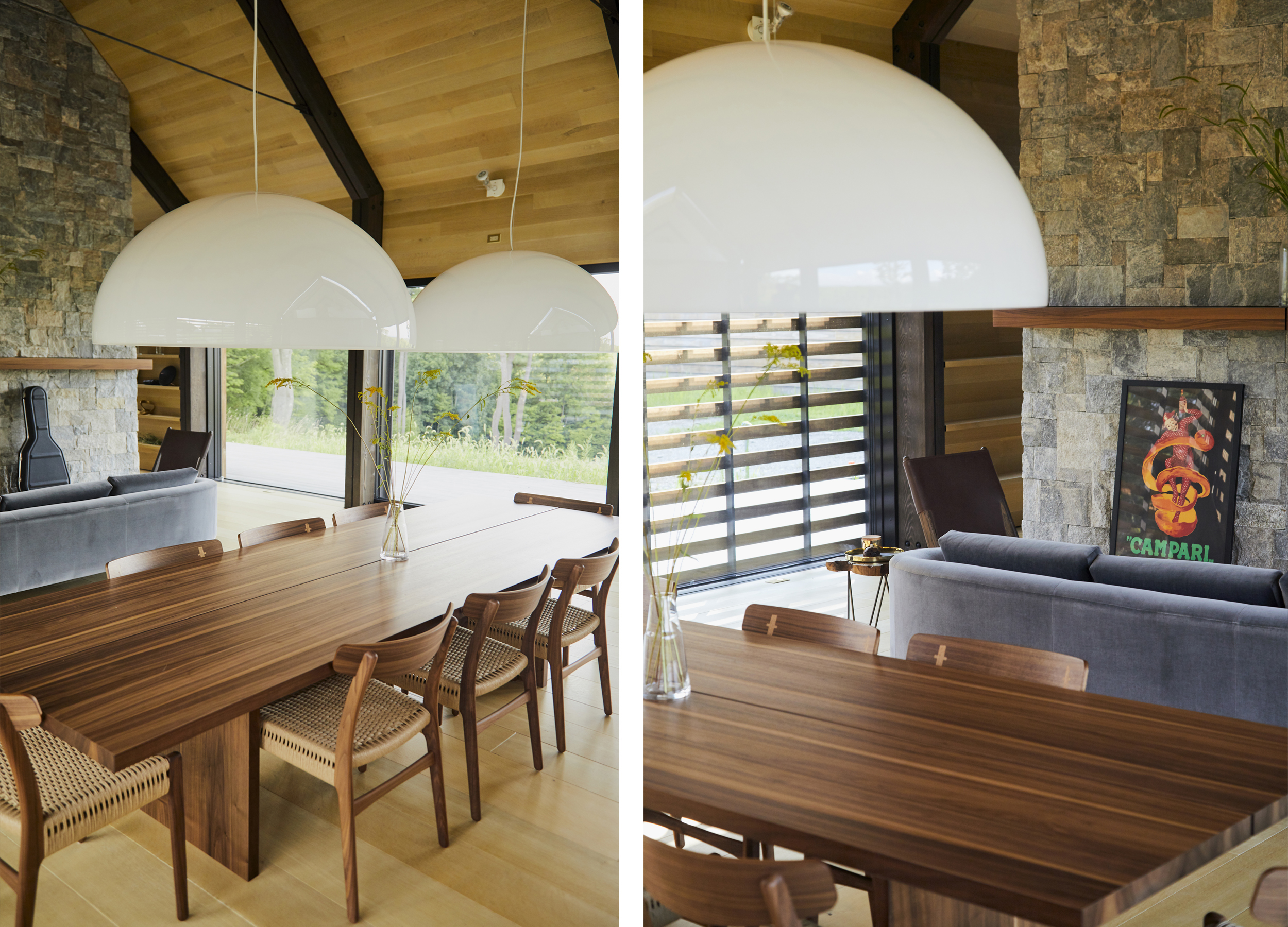 Two classic European pendants hang over the walnut dining table.