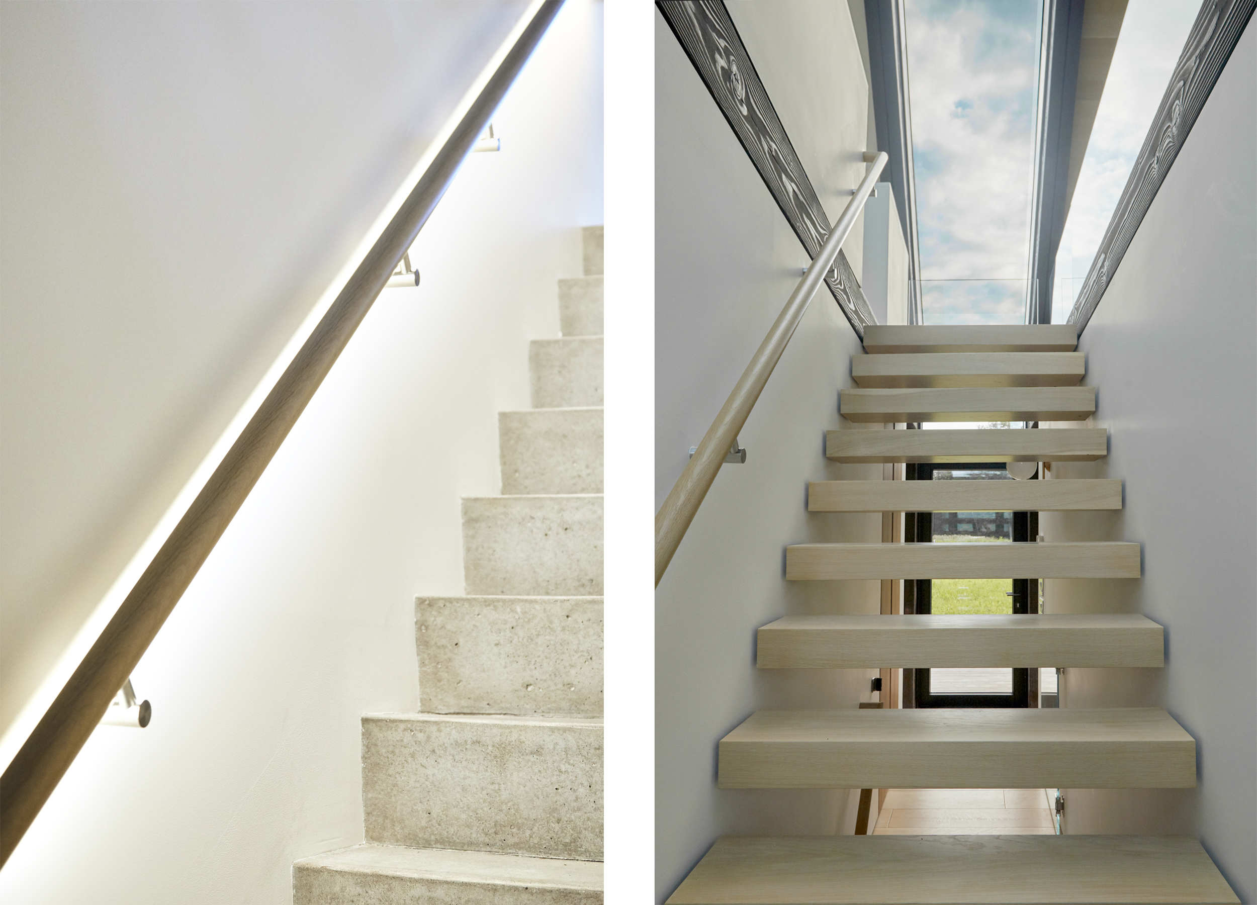 The stairway divides the house into two, the skylight above brings light through the floating treads down into the basement