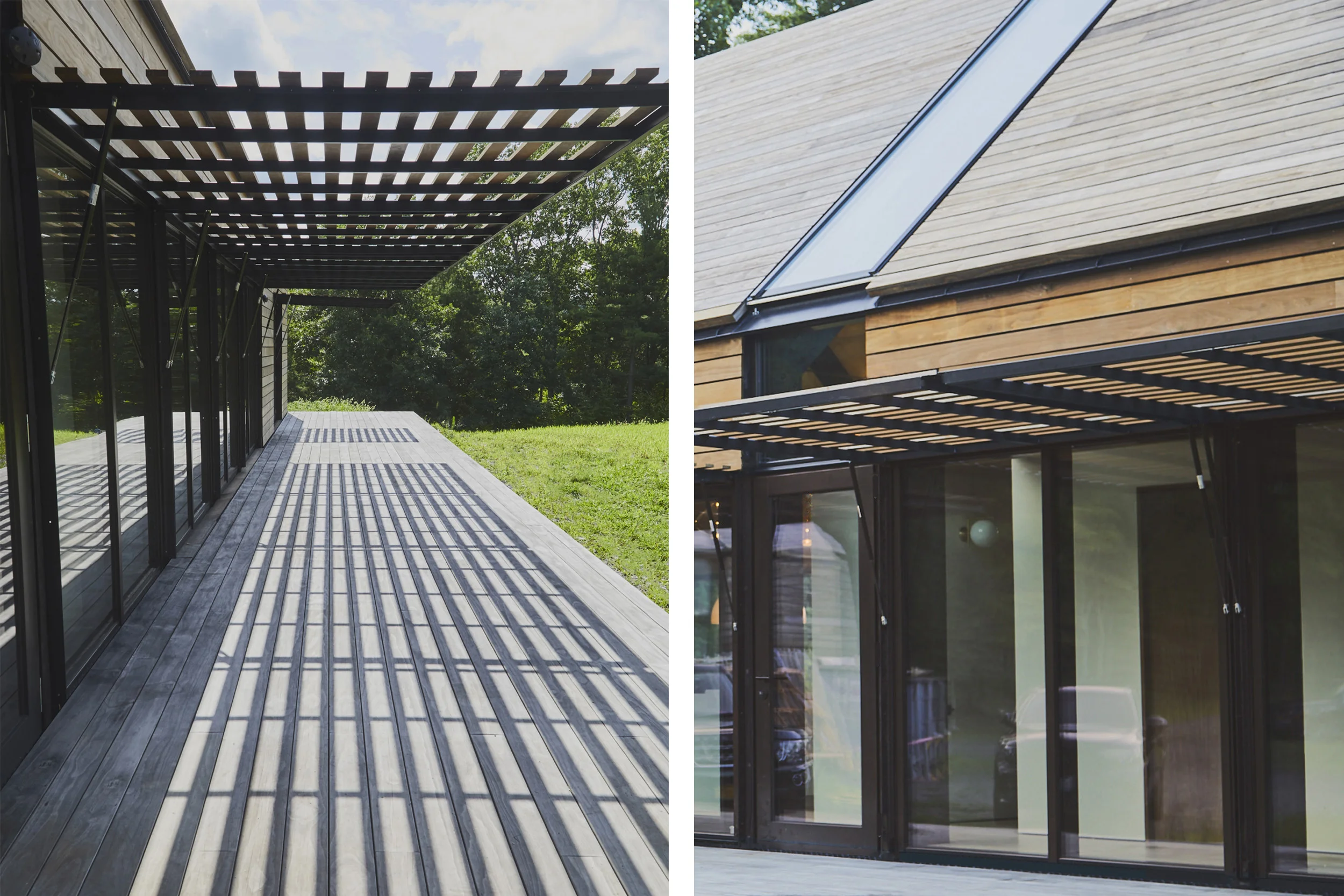 South facing sun-shade devices tilt upwards to provide shade for exterior entertainment during warmer months, and can be closed during severe storms, acting like hurricane shutters