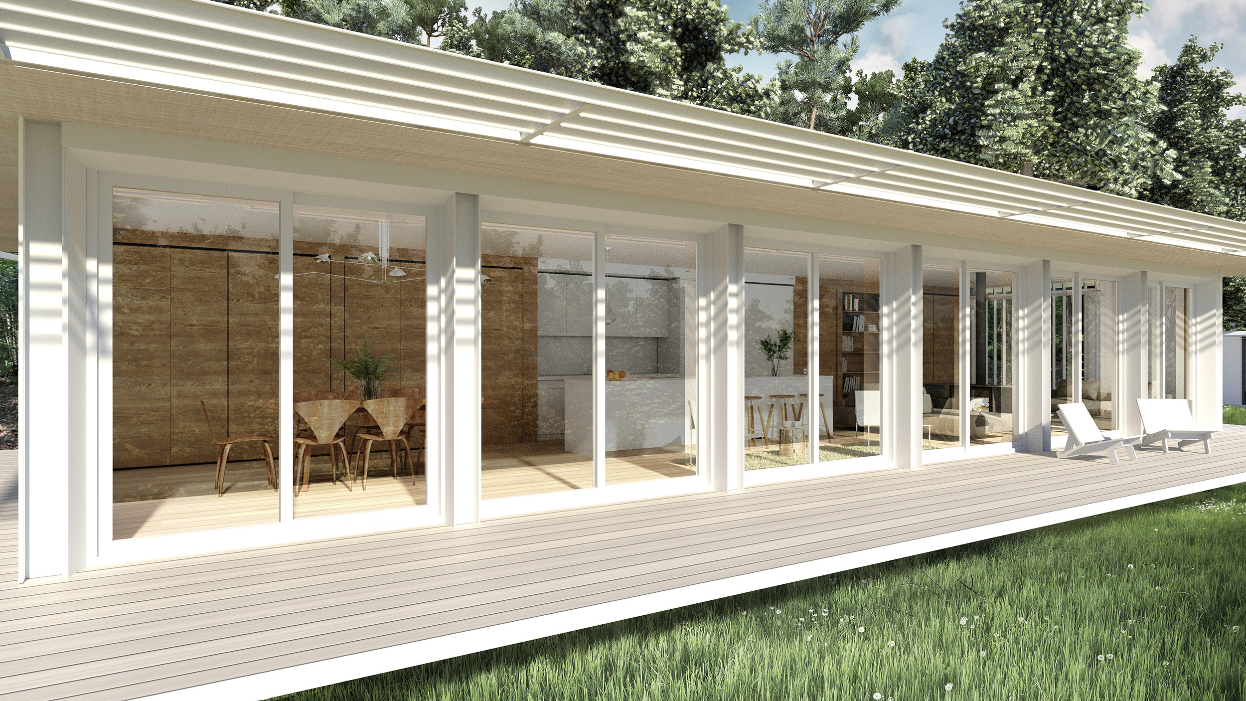 The 55ft long South Facing Porch with fixed sunshading and full-height double sliding patio doors for indoor/outdoor living.