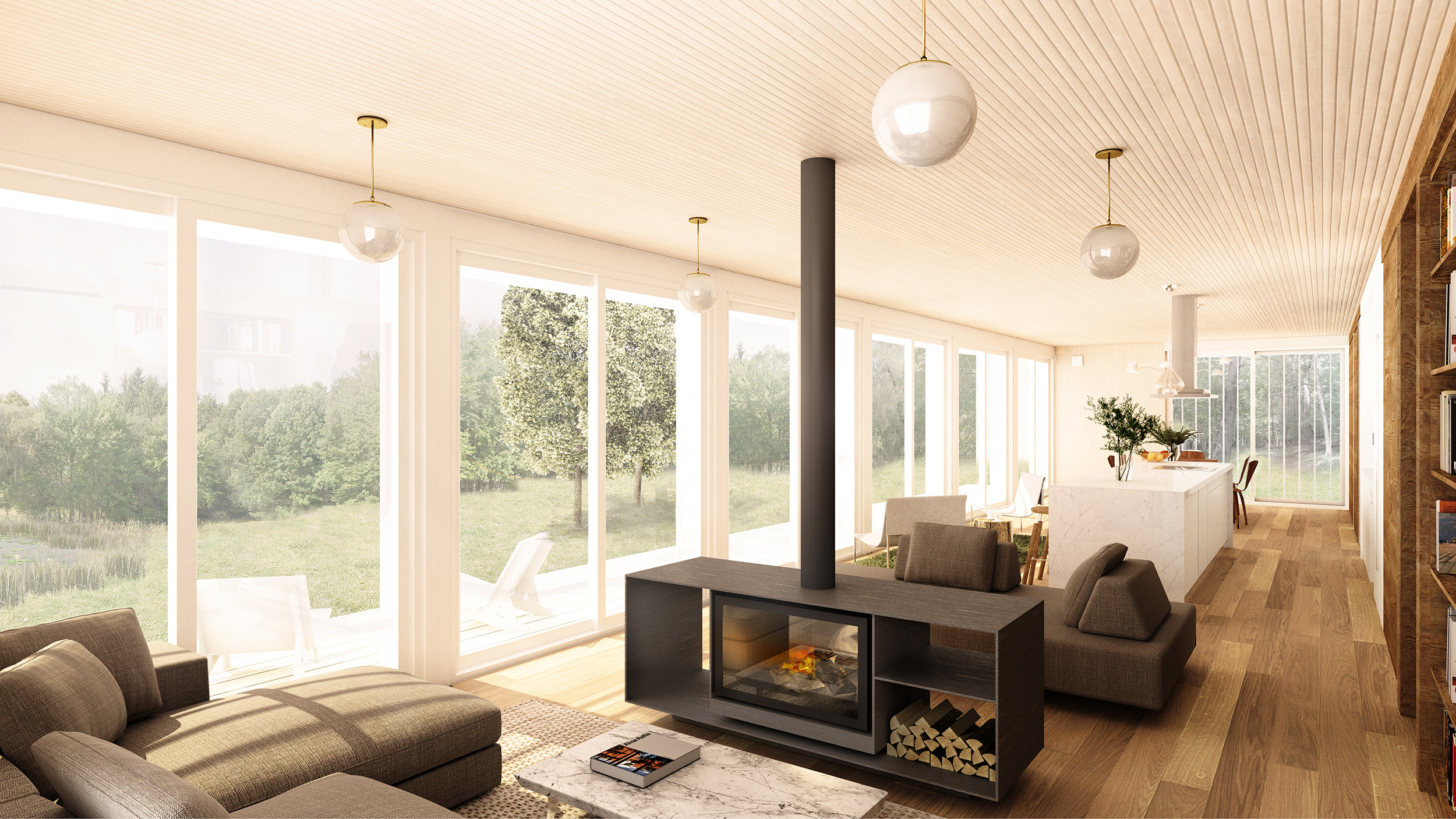 A double-fronted free-standing wood-fireplace takes center stage in the living/lounge area