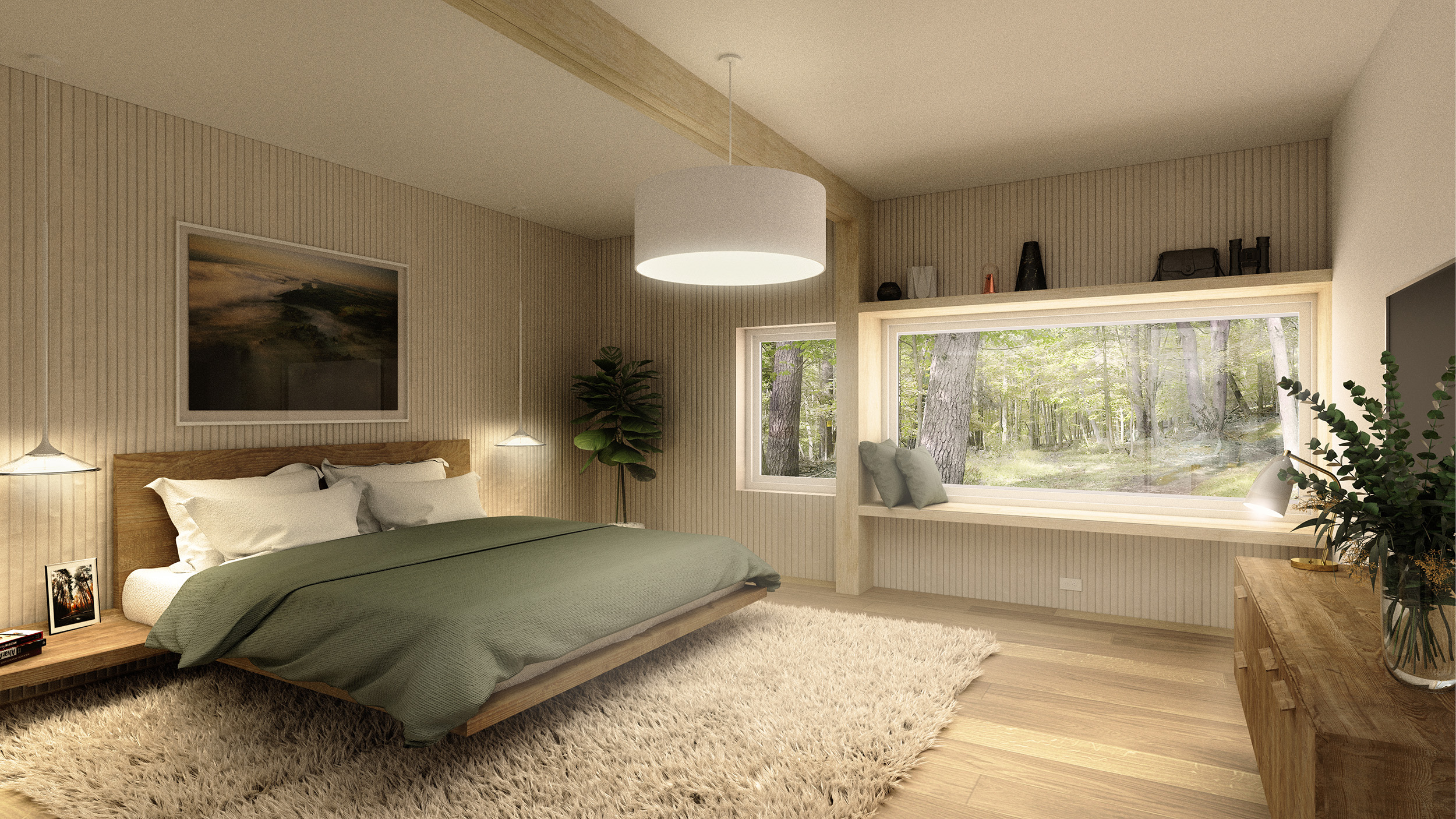 The generously sized Master Bedroom has framed views towards the forested mountainside with an inbuilt picture window seat for contemplative reading.