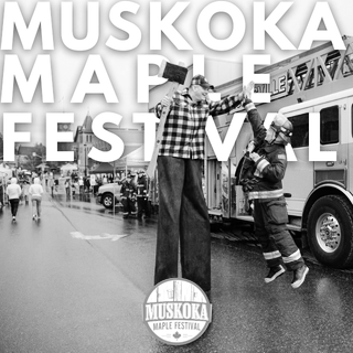 Muskoka Maple Festival logo with trees and maple syrup bottles in the background.