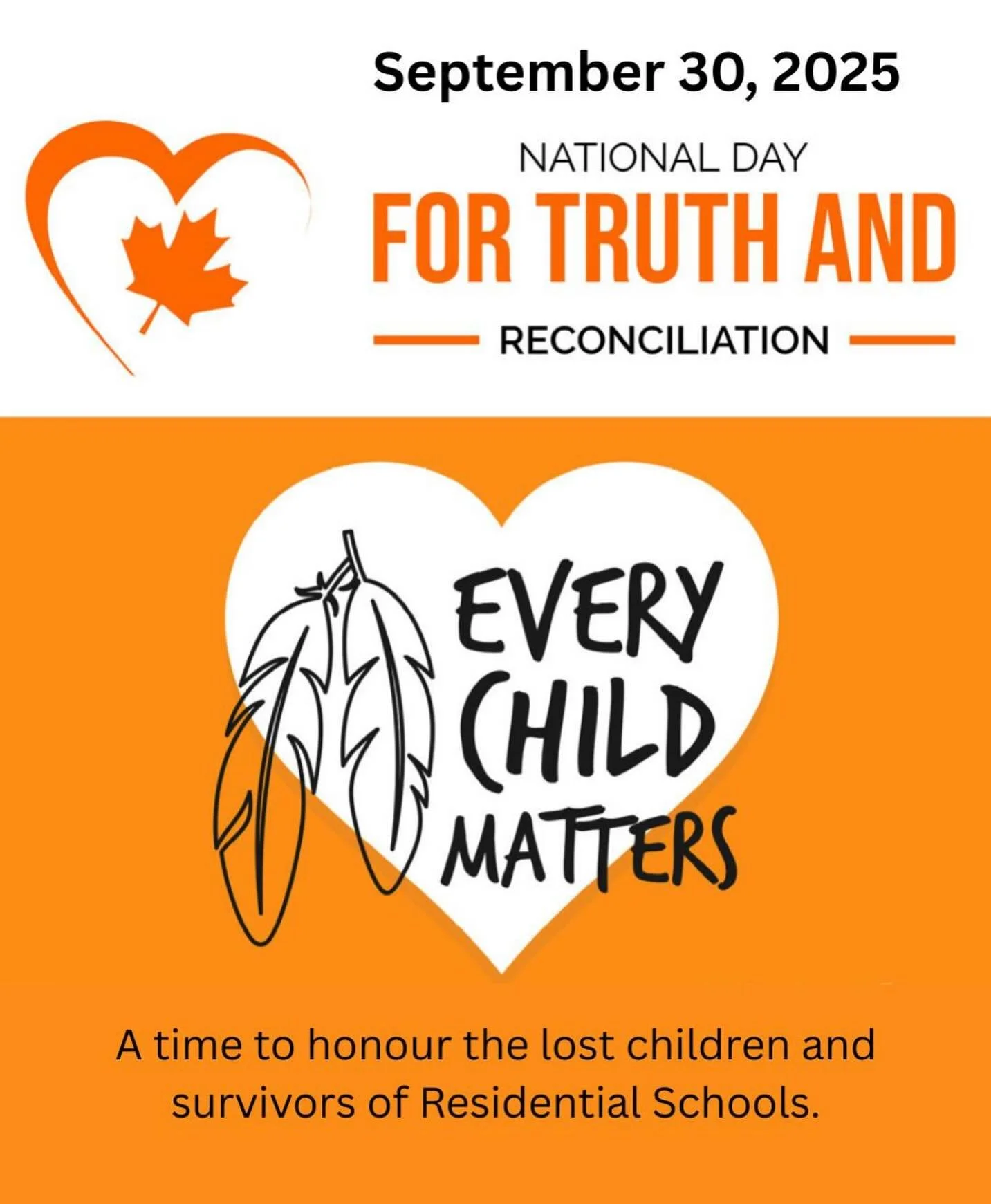 Today, we honour the National Day for Truth and Reconciliation. 🧡 A time to listen, learn, reflect and take meaningful action as we walk together toward reconciliation.

🧡 Please consider wearing orange and join us at 10:45 AM today at River Mill P