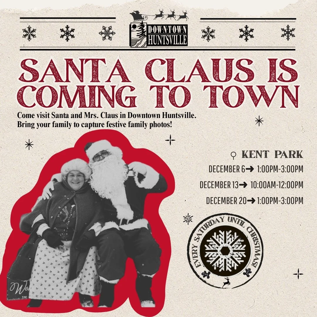 Santa and Mrs. Claus are set to visit Kent Park every Saturday leading up to Christmas, and you&rsquo;re all invited! 🧑&zwj;🎄❤️🎅
Bring the family for festive photos; it&rsquo;ll be the perfect way to kick off the holiday season in Downtown Huntsvi