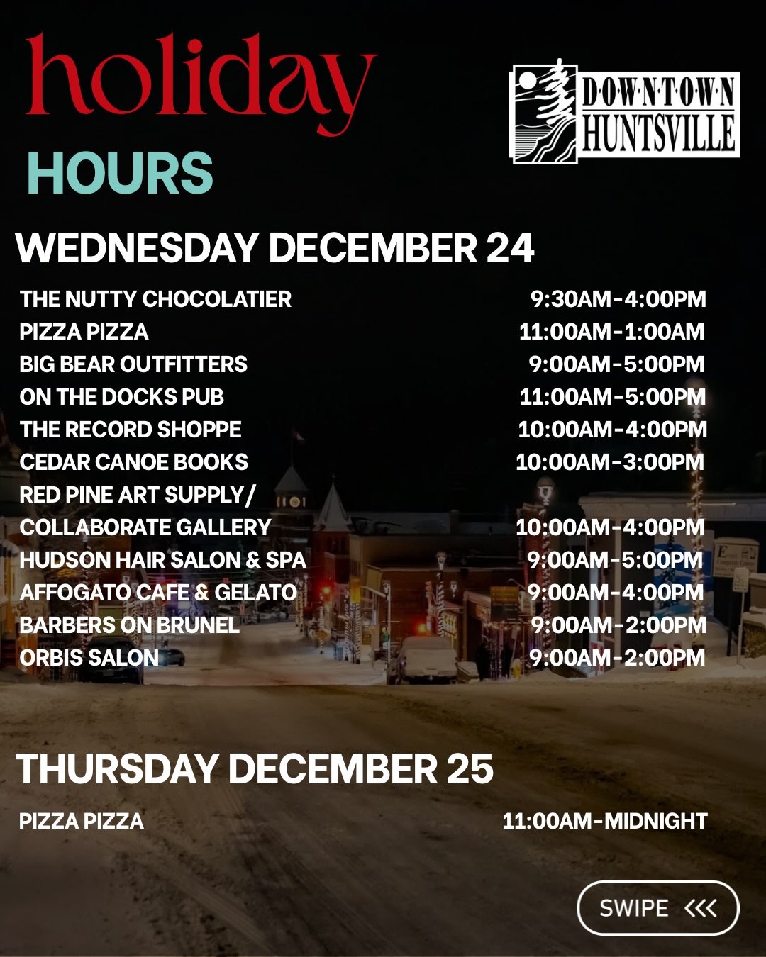🎄Holiday Hours over Christmas🎄 Plan ahead and check when your favourite downtown shops are open to get those last minute gifts! 🕐🛍️