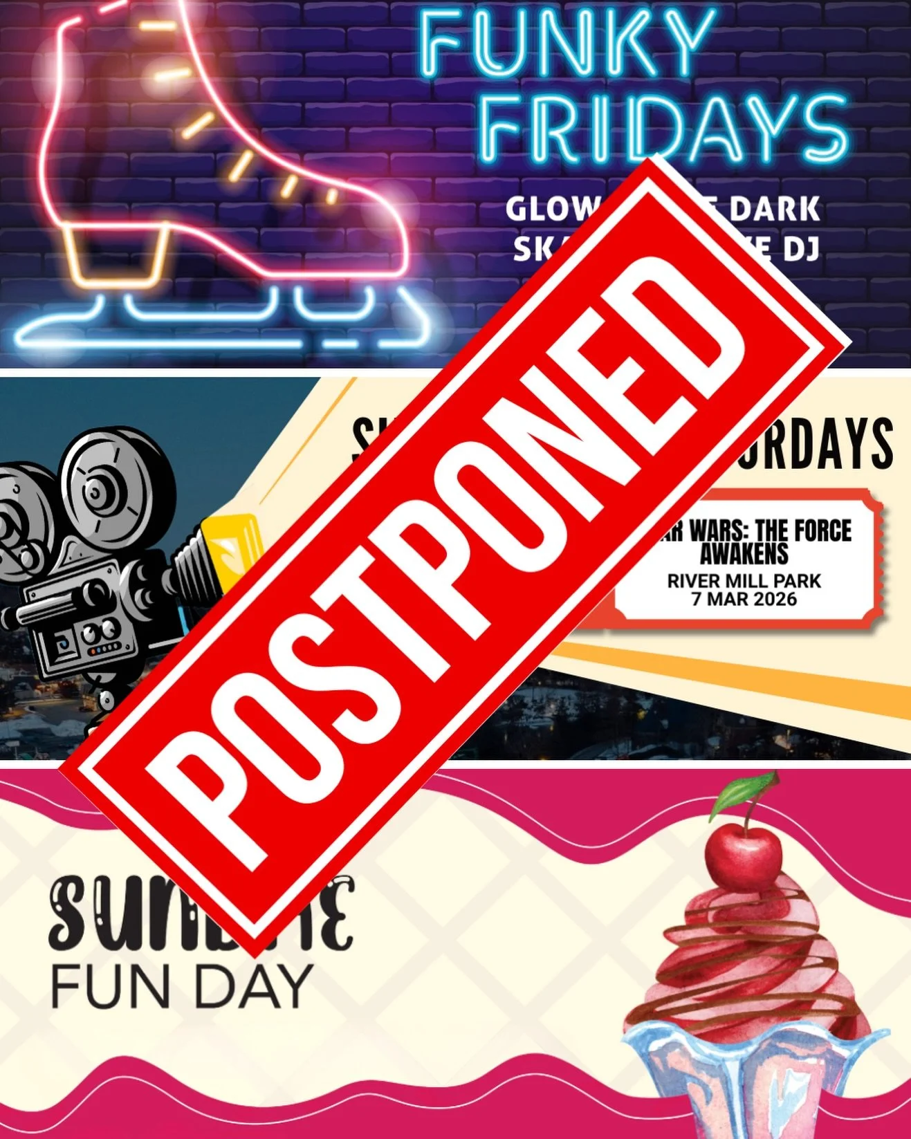 🚨POSTPONED🚨
Our last weekend of SnowFest is POSTPONED due to the warm and sunny weather we&rsquo;ve been having (we aren&rsquo;t complaining too much!). As we would rather skate than swim this weekend, we&rsquo;ve decided to wait for some cooler te