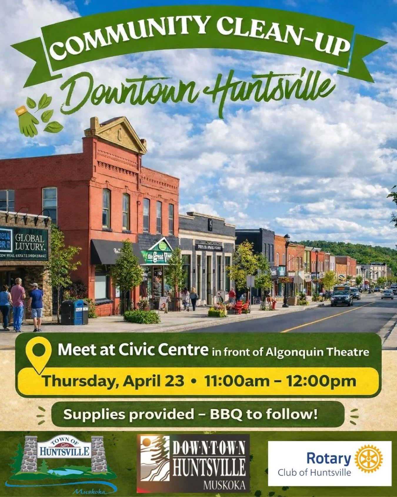 Join us for a Downtown Huntsville Community Clean-Up! 🌿

Let&rsquo;s come together to make our downtown cleaner, greener, and more beautiful for everyone.

📍 Meet at the Civic Centre (in front of the Algonquin Theatre)
📅 Thursday, April 23
⏰ 11:00