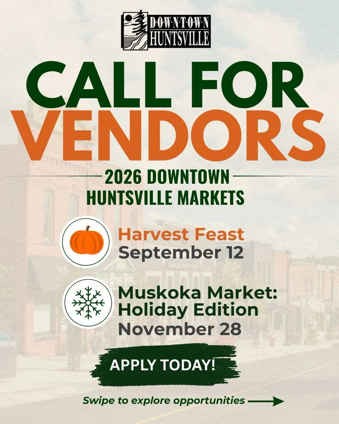 📣 CALL FOR VENDORS

Are you a maker, artisan, food vendor, small business, or local creator looking to showcase your products in Downtown Huntsville?

We&rsquo;re accepting vendor applications for TWO exciting 2026 events:

🎃 Harvest Feast
📅 Satur