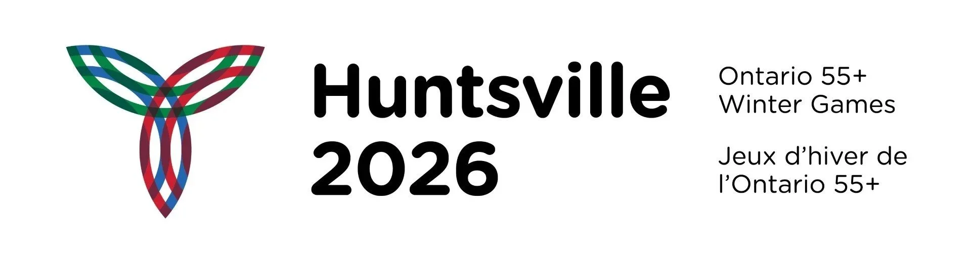 Logo for the 2026 Ontario 55+ Winter Games, held in Huntsville, featuring a multicolored stylized leaf design and event details in English and French.