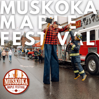 Muskoka Maple Festival logo with trees and maple syrup bottles in the background.