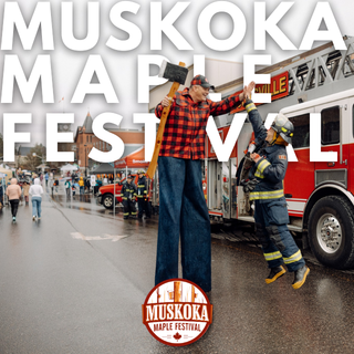 Muskoka Maple Festival logo with trees and maple syrup bottles in the background.