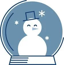 A simple illustration of a smiling snowman wearing a top hat, surrounded by snowflakes.