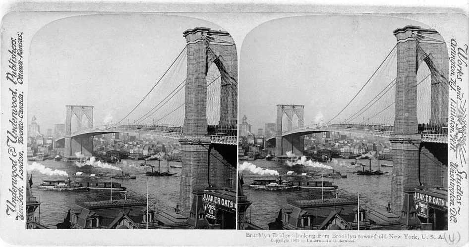 "Brooklyn Bridge - looking from Brooklyn toward old New York, U.S.A," Underwood & Underwood, Publishers, c1901.