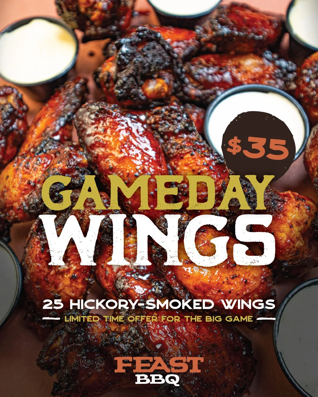 📣 Get your last minute order in for our Game Day Smoked Wings special - 25 Wings for $35! 📣

How to order:
🏈 Go to feastbbq.com and click "Online Ordering and Delivery"
🏈 Click on "Schedule Your Order" and choose "Sun, 2/