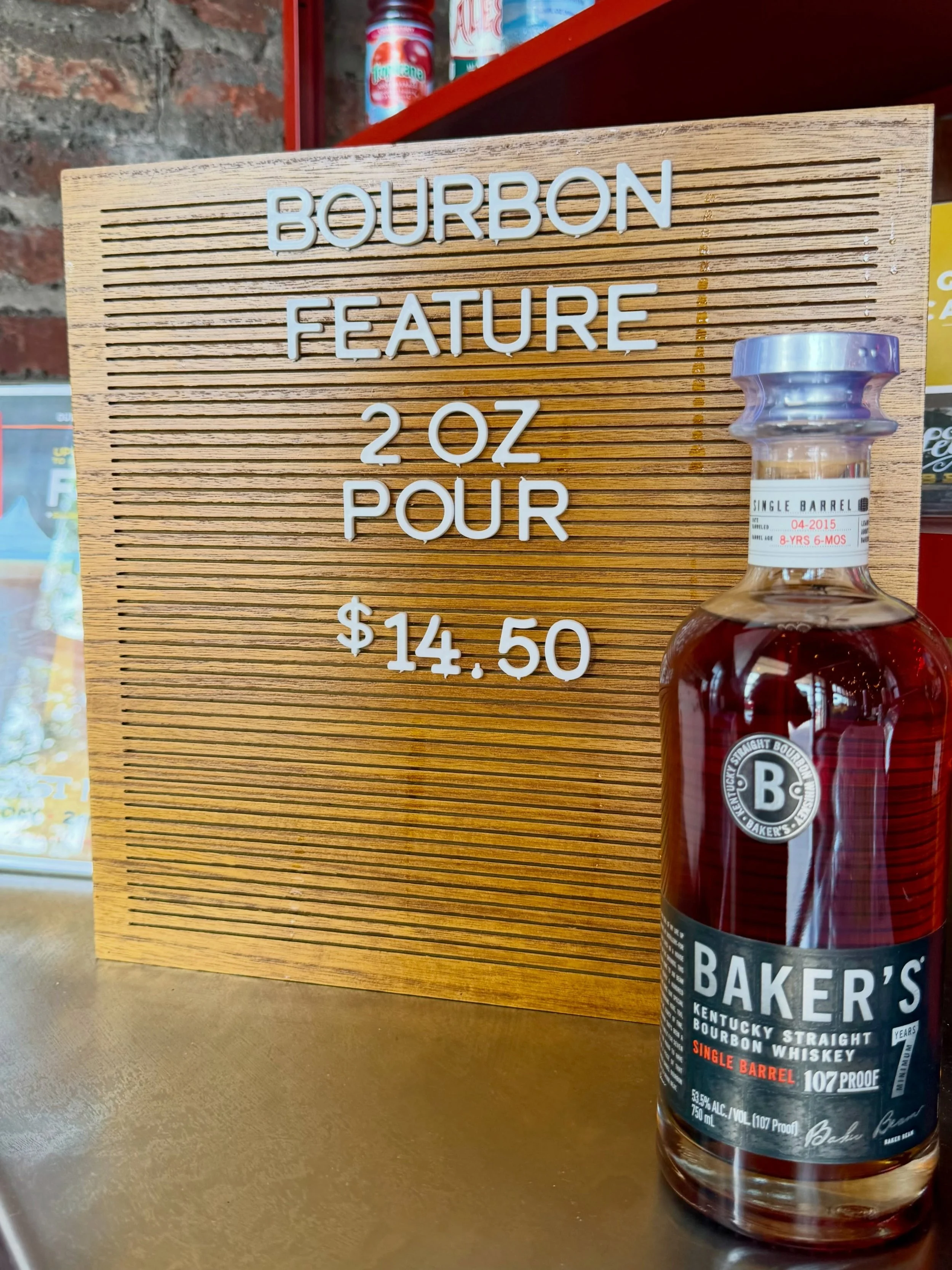 Our featured bourbon upfront right now is Baker&rsquo;s 7-Year Single Barrel. Bottled at 107 proof, it brings a mix of dark caramel, toasted oak, vanilla, and subtle baking spice. Named after Jim Beam&rsquo;s grand-nephew and distiller Baker Beam.
