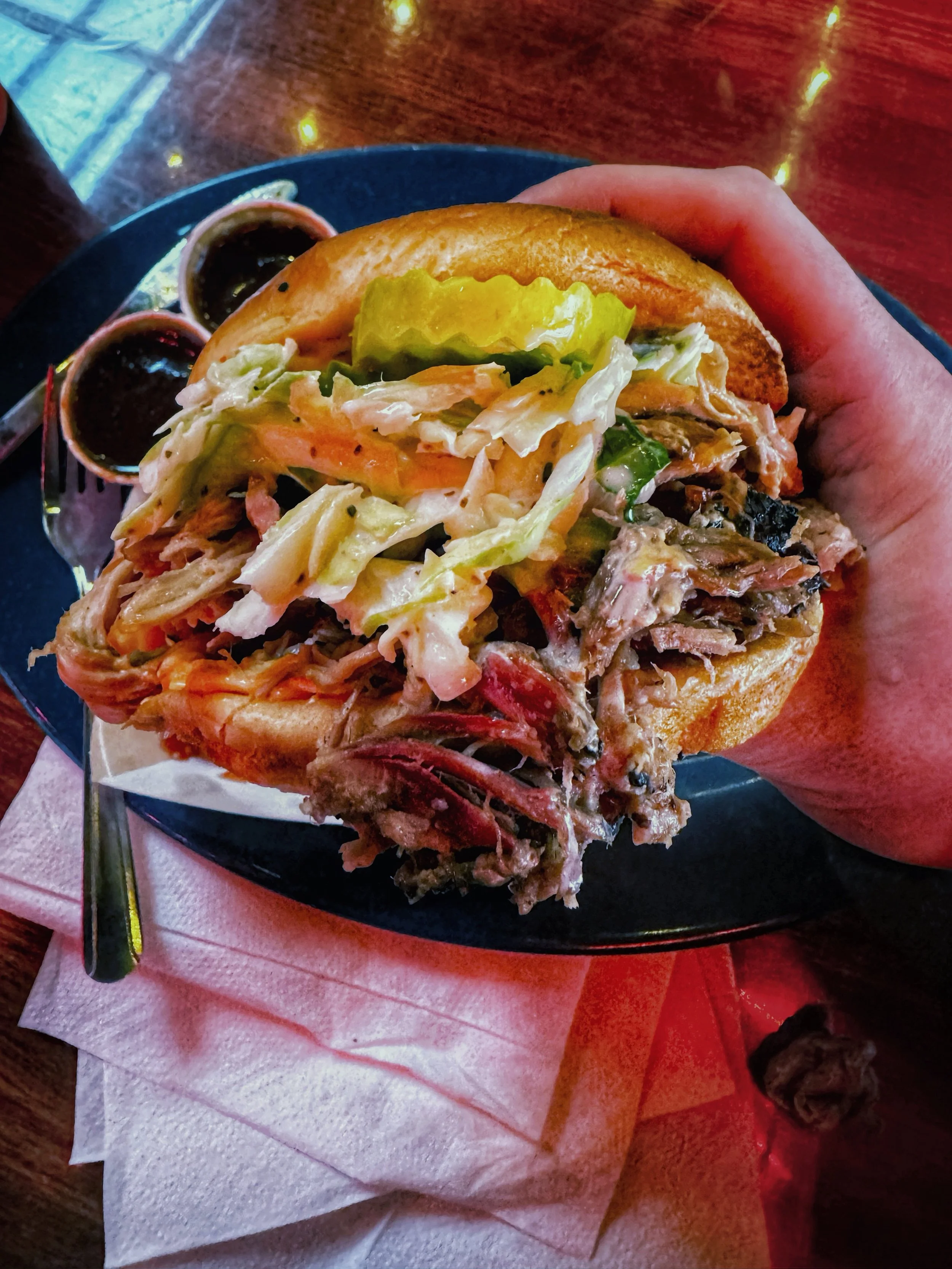 POV: you&rsquo;re about to ask for more napkins.

Next time you order the Pimento Pork Stacker Sandwich, double the meat by upgrading it to Feast Size.