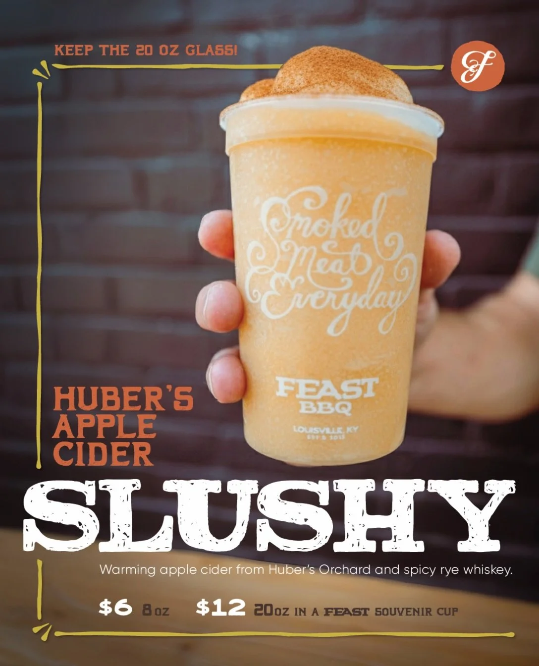 We have a new featured slushy for you: Huber&rsquo;s Apply Cider.

Warming apple cider from Huber&rsquo;s Orchard and bold rye whiskey are frozen down into the perfect fall slushy. It&rsquo;s crisp, cozy, and just the right balance of sweet and stron