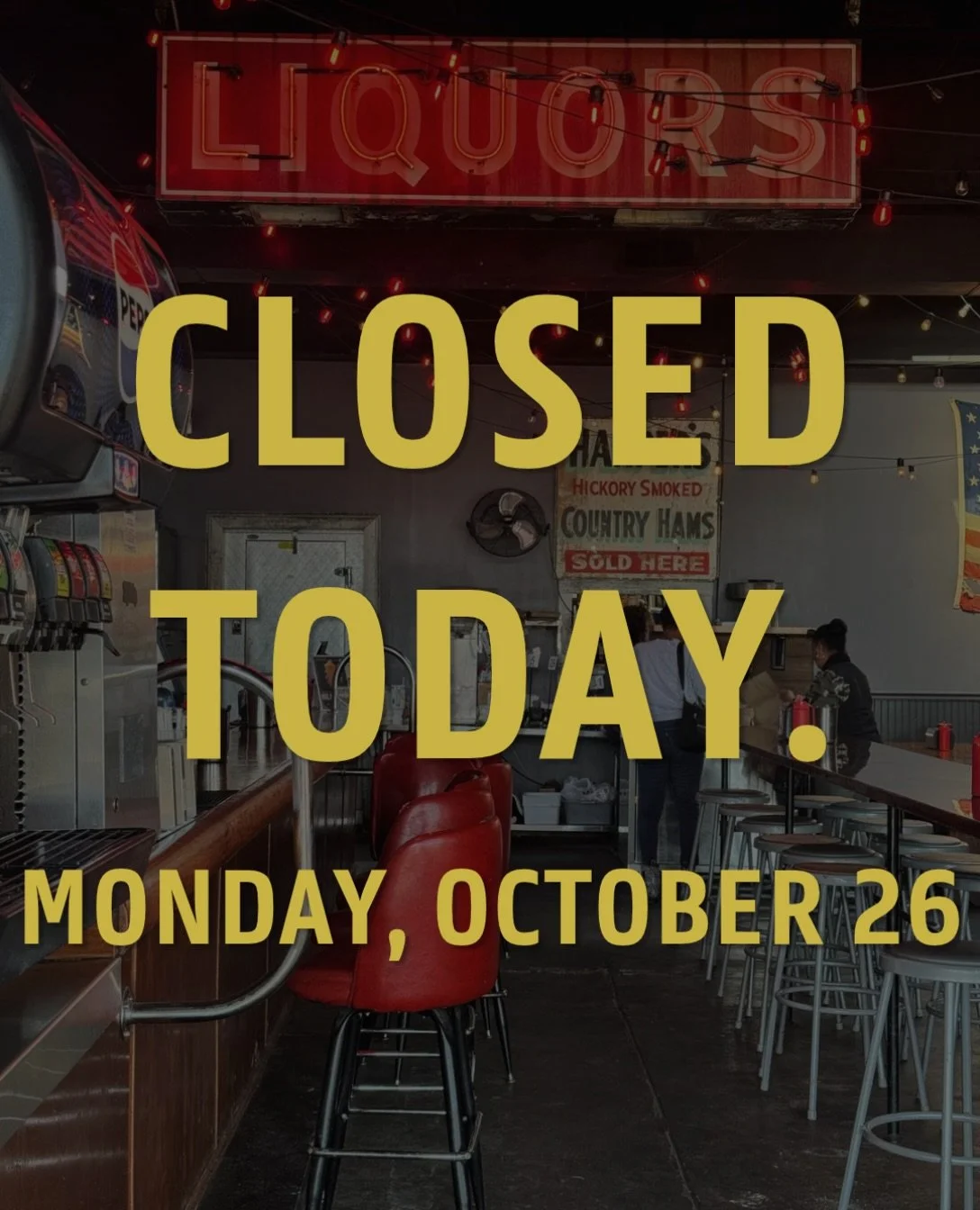 We&rsquo;re closed today, Monday, October 26, for our quarterly deep cleaning and staff training. See you tomorrow at 11 am.