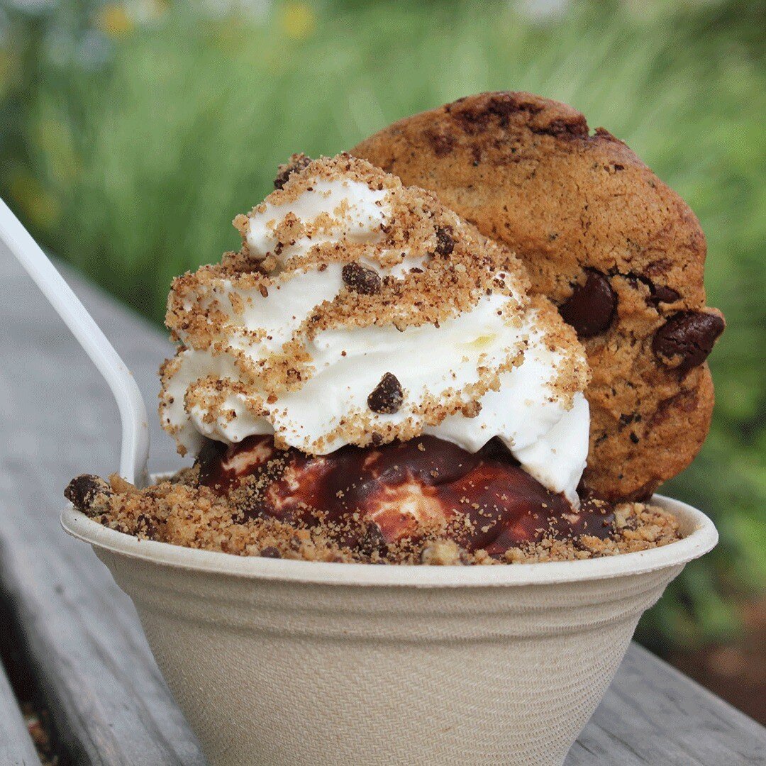 🍦Ice cream from Vermont's Kingdom Creamery + homemade hot fudge + freshly baked cookie &amp; cookie crush + whipped cream = heaven!