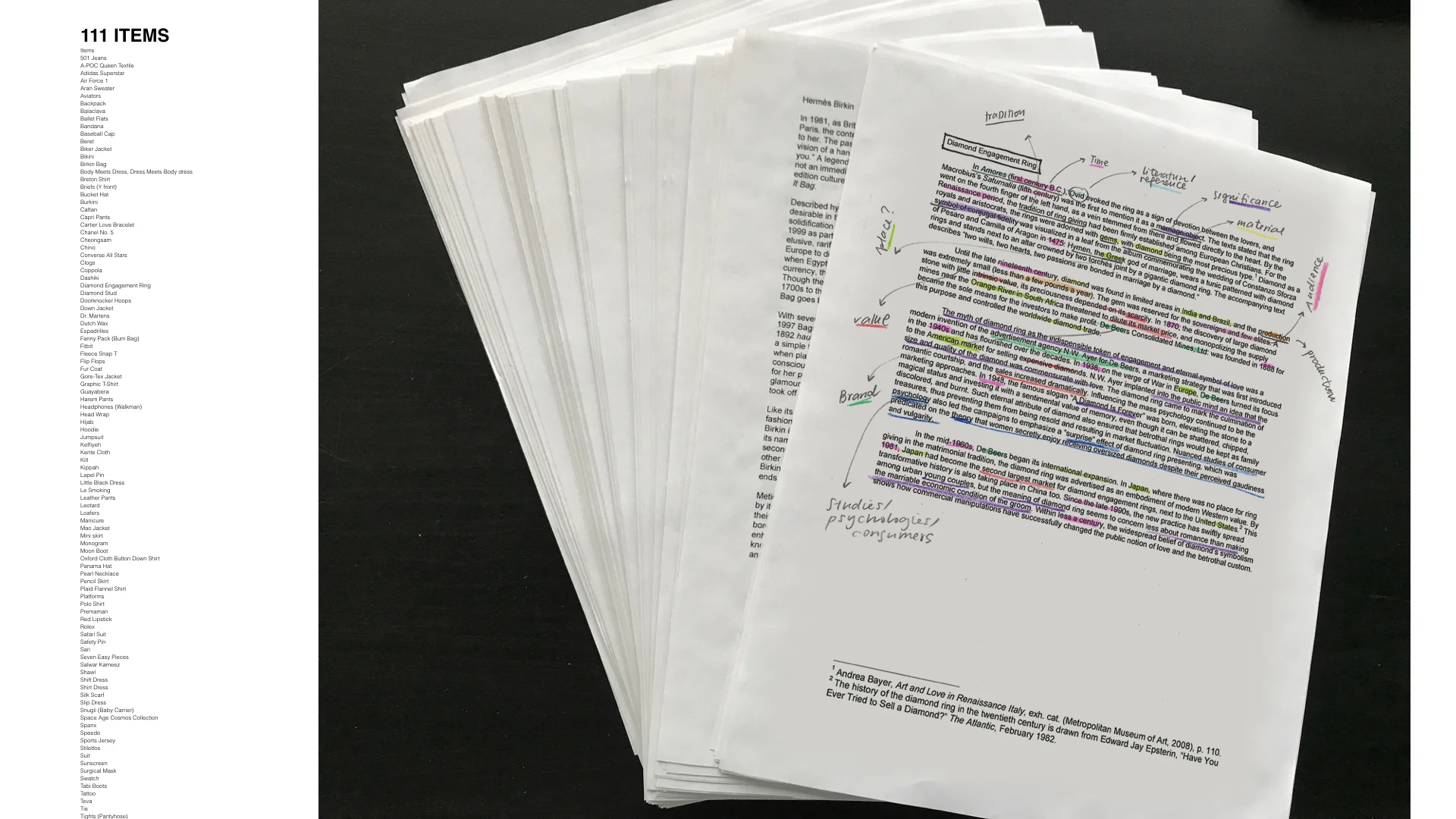 Preliminary research process for the 111 Items included in the exhibition.
