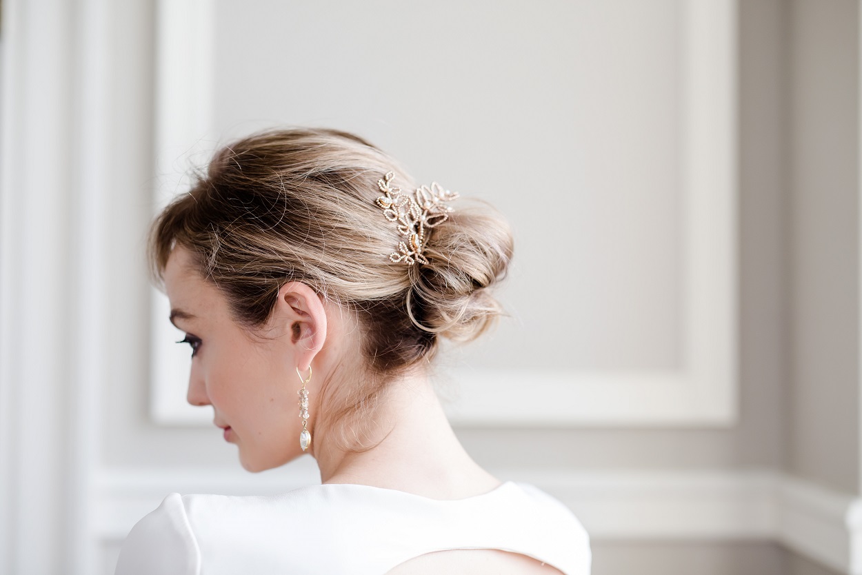 rose gold up do bridal hair comb