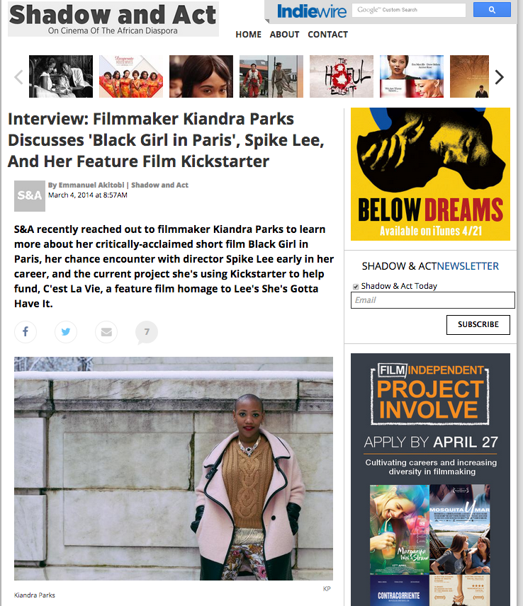 Indiewire: "Filmmaker Kiandra Parks Discusses 'Black Girl in Paris'" - March 2014