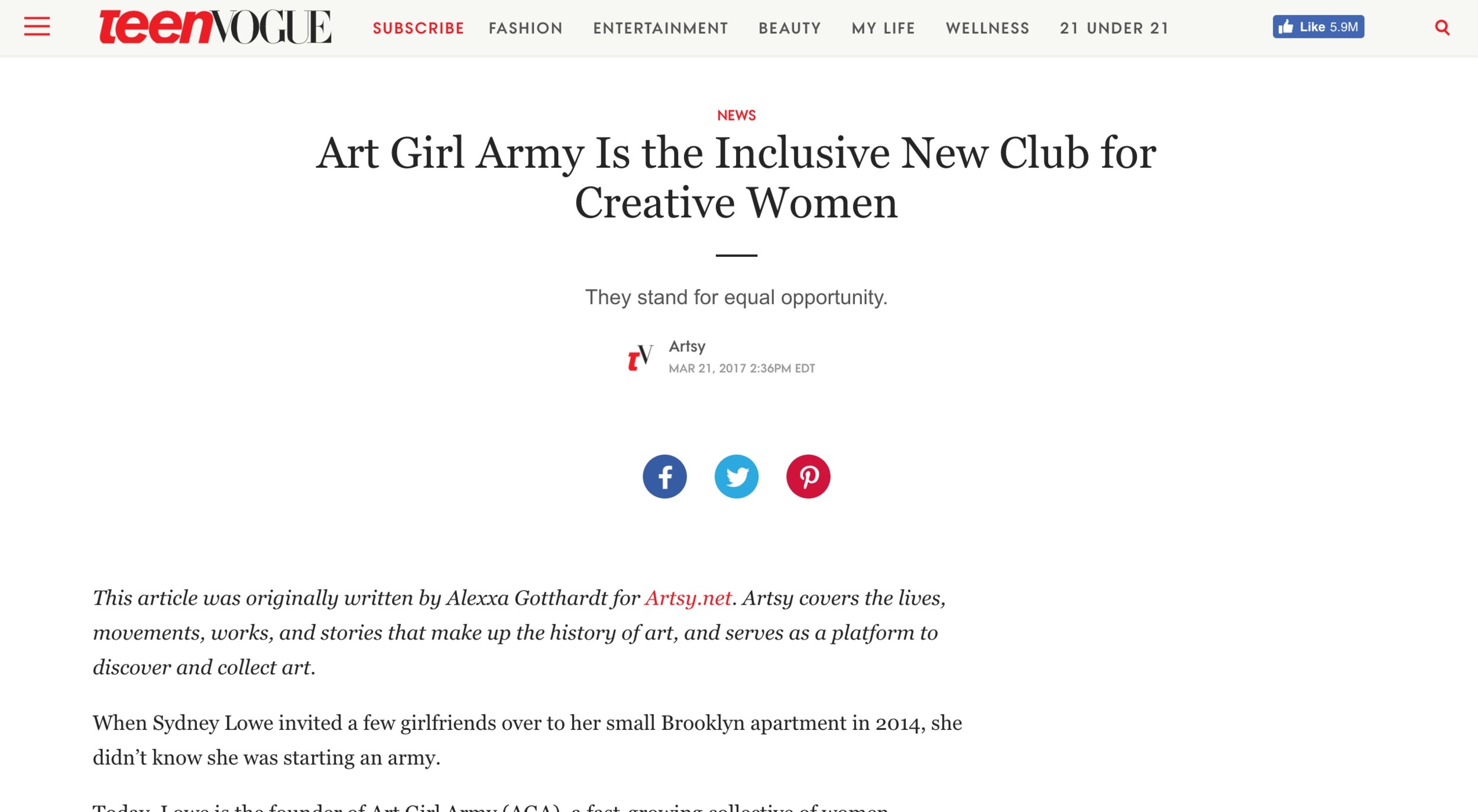 Teen Vogue: Art Girl Army Is the Inclusive New Club for Creative Women - March 2017