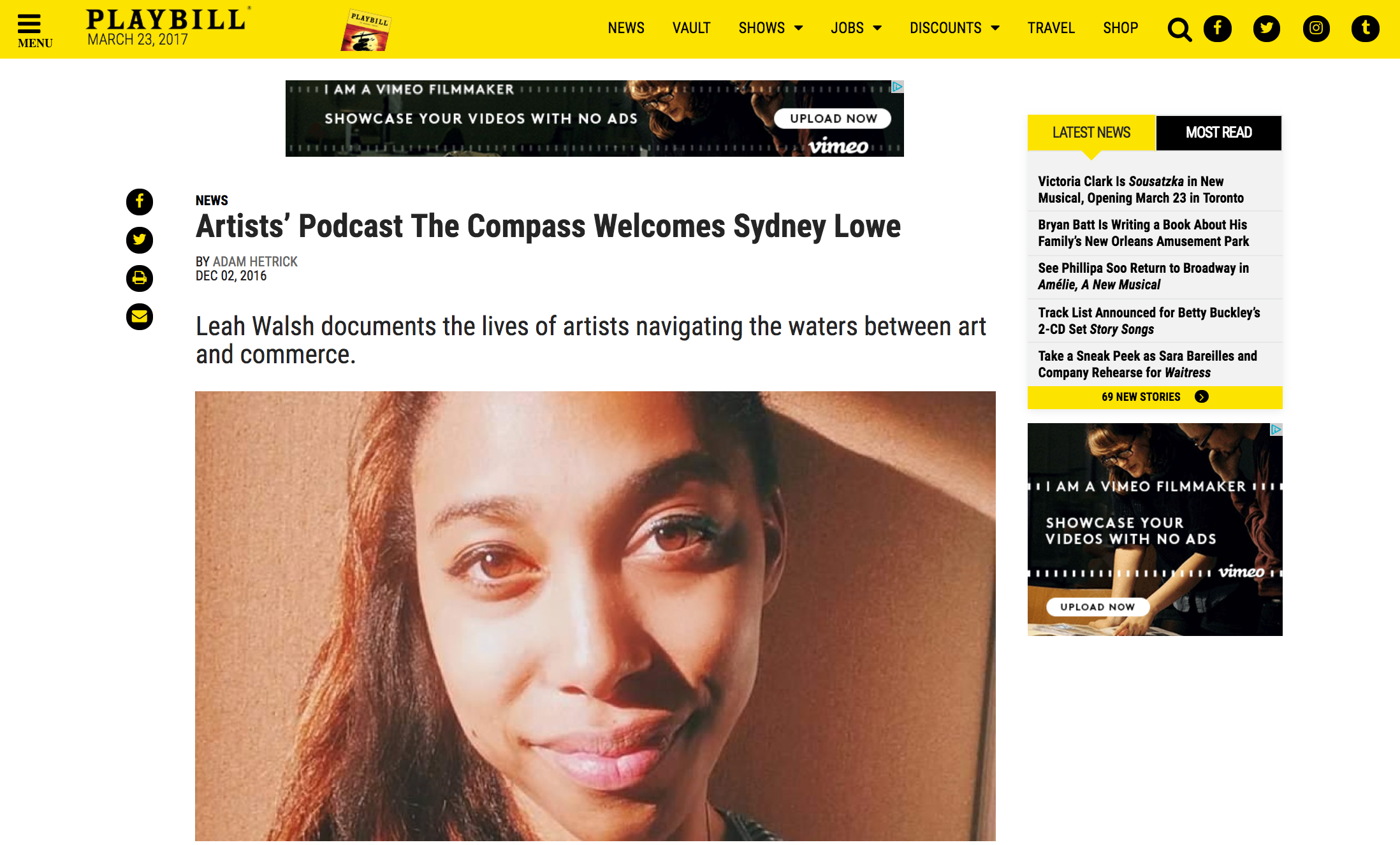 Playbill.com: "Artists’ Podcast The Compass Welcomes Sydney Lowe" - December 2016