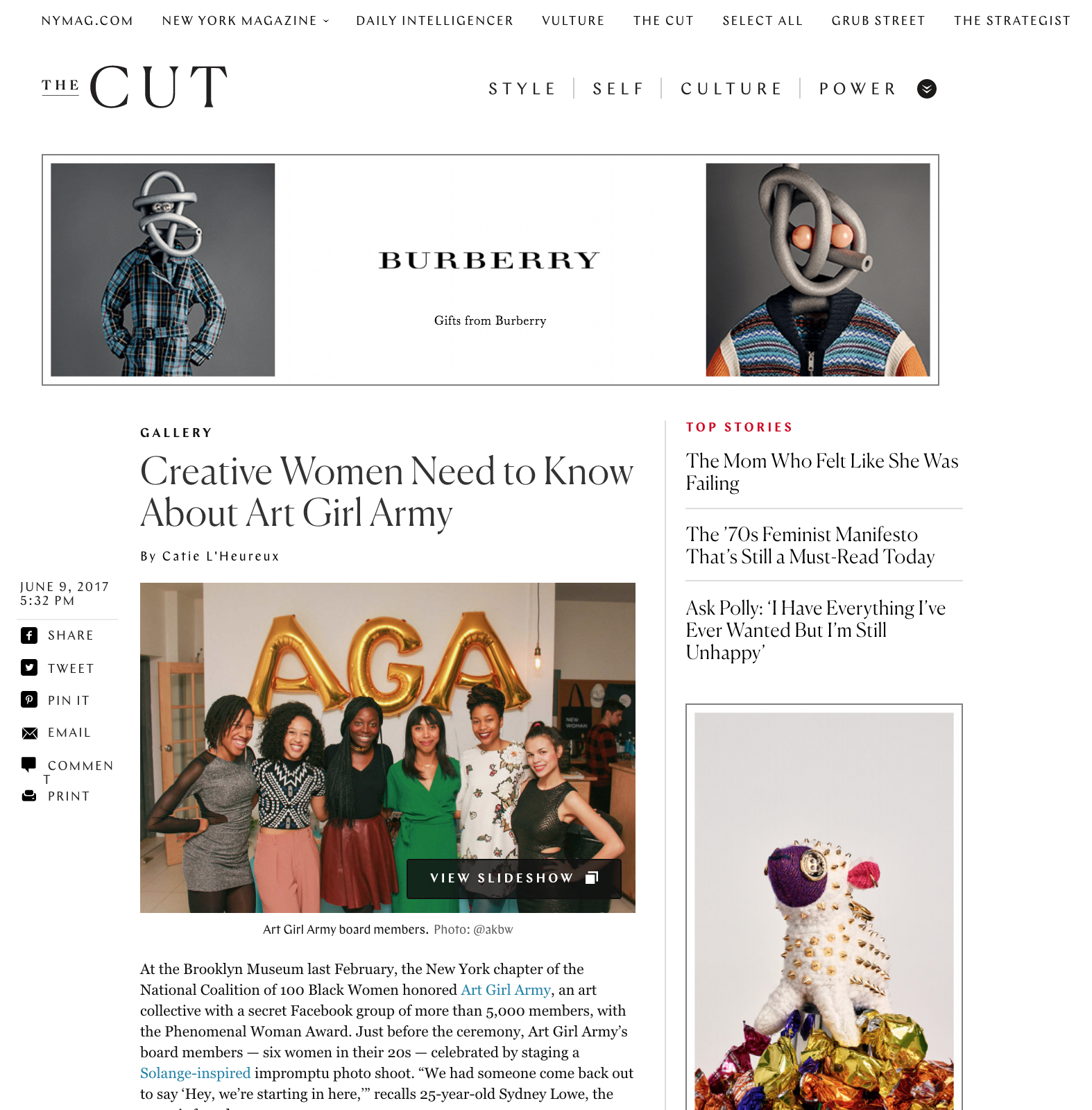 New York Magazine, The Cut - "Creative Women Need to Know About Art Girl Army" - June 2017