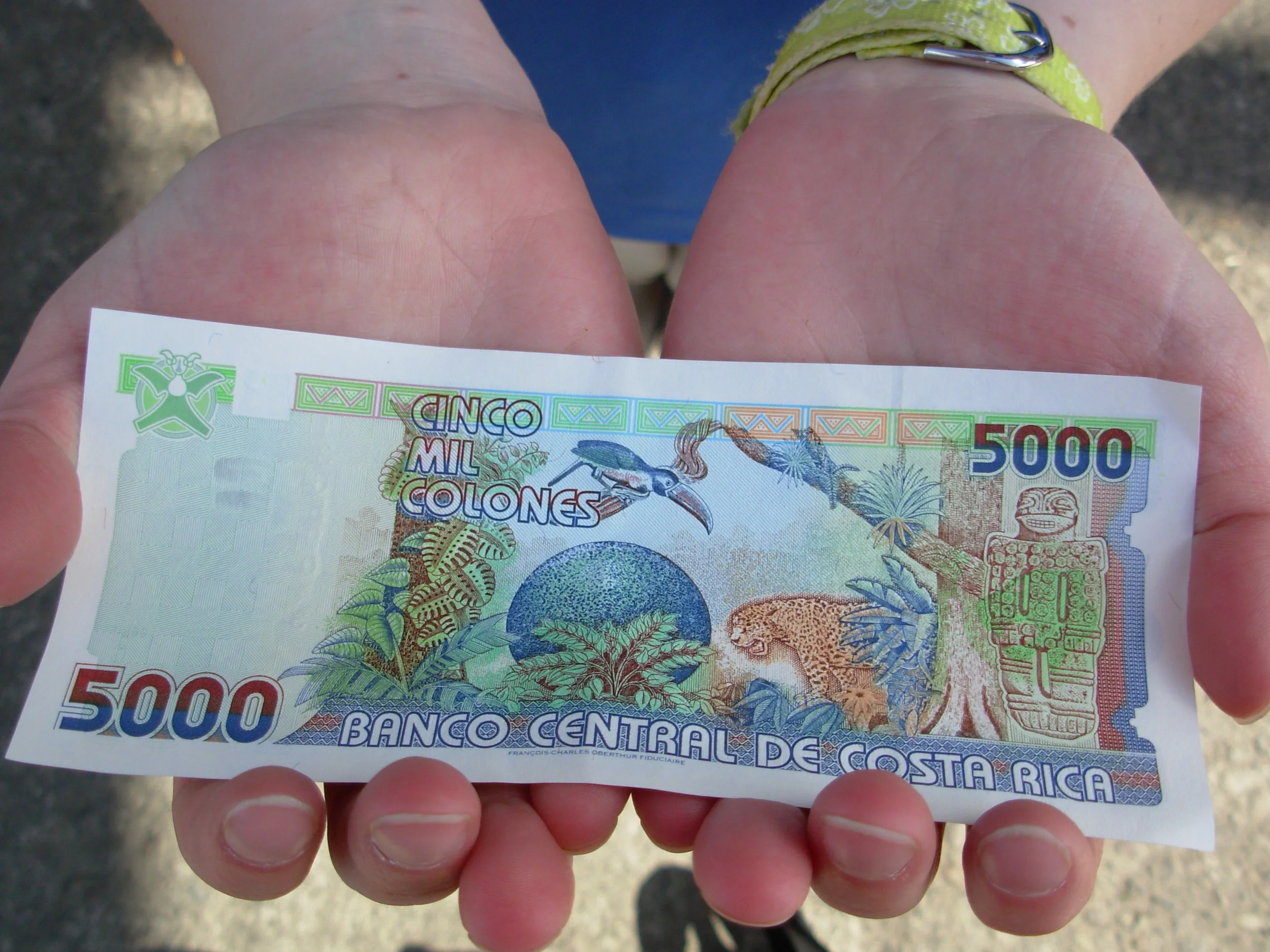 5000 Colones bill (worth about $10.00 US- isn't it beautiful, I wish our bills could be so pretty!)