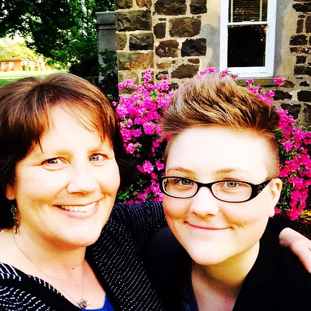 Proud mom and daughter on the campus of Linfield College.