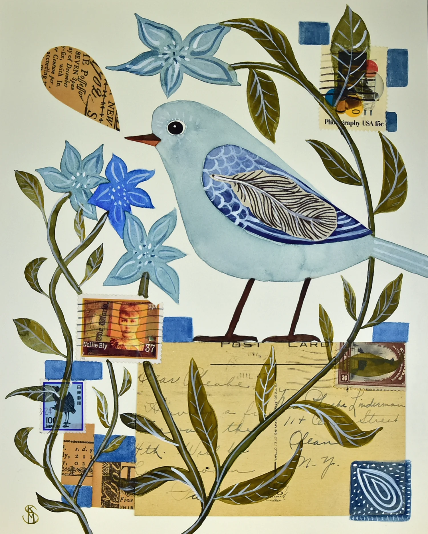 Mixed Media Collage & Watercolor Blue Bird